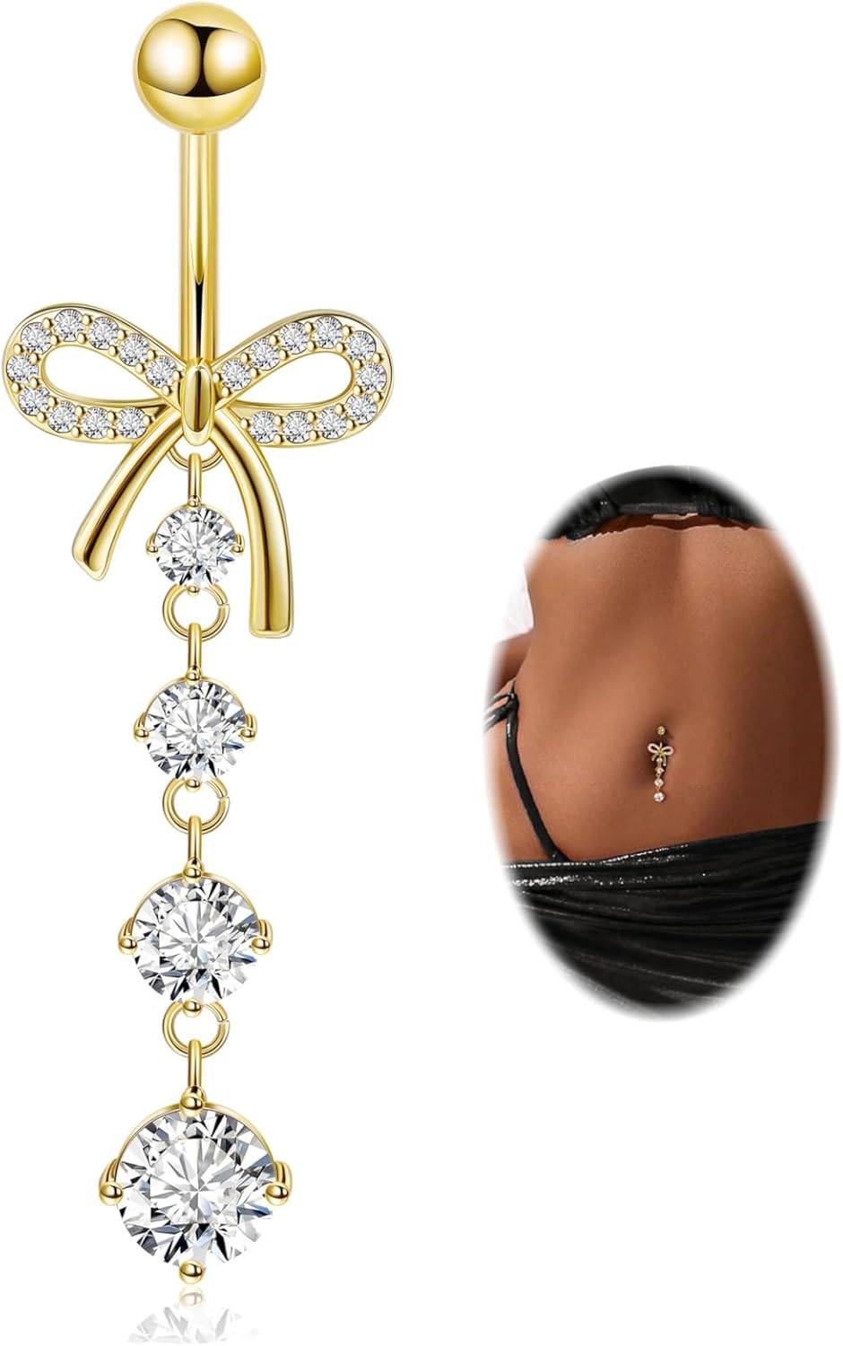 14G F136 Titanium Dangle Belly Button Ring for Women Dangling Navel Ring Hypoallergenic Belly Ring Externally Threaded Barbell CZ Bow Navel Piercing Jewelry - 我的商店我的商店我的商店