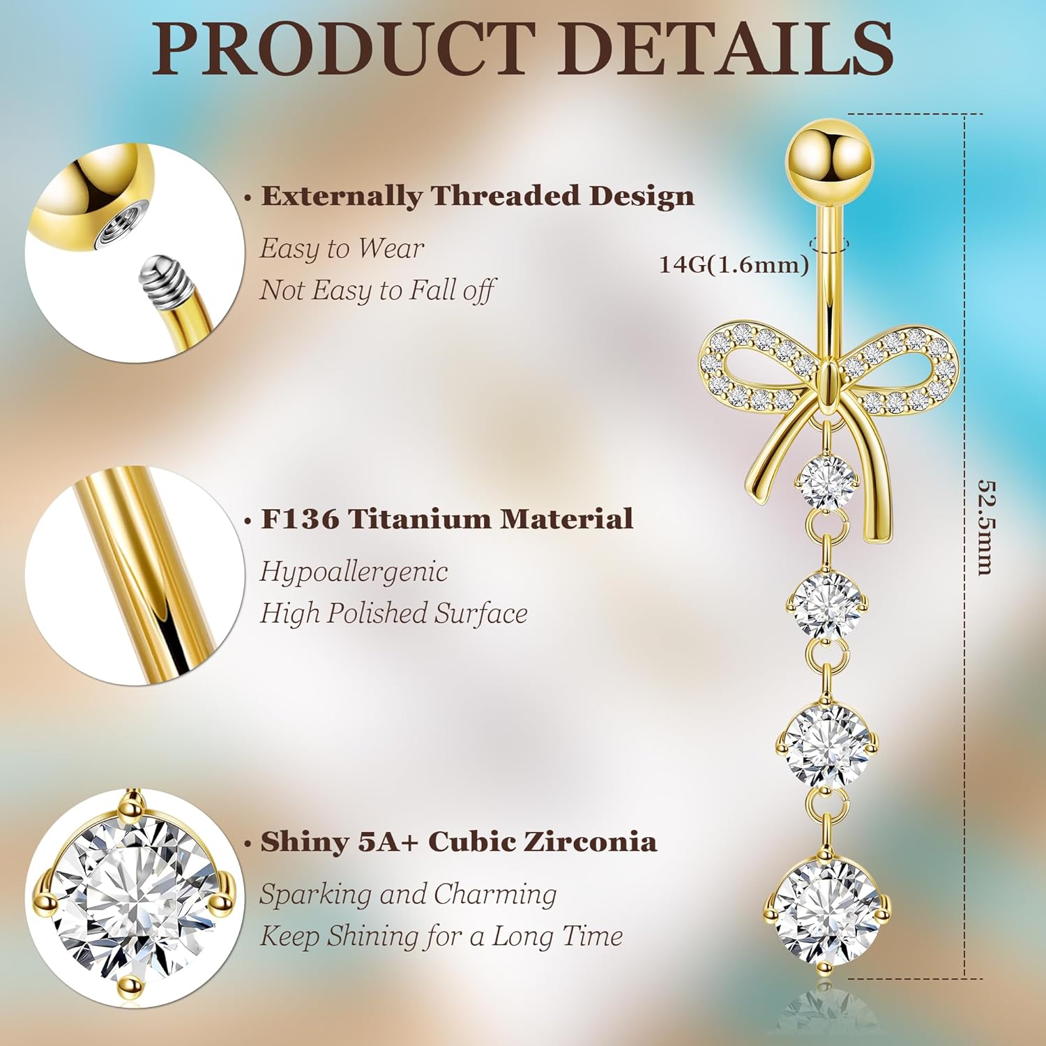 14G F136 Titanium Dangle Belly Button Ring for Women Dangling Navel Ring Hypoallergenic Belly Ring Externally Threaded Barbell CZ Bow Navel Piercing Jewelry - 我的商店我的商店我的商店