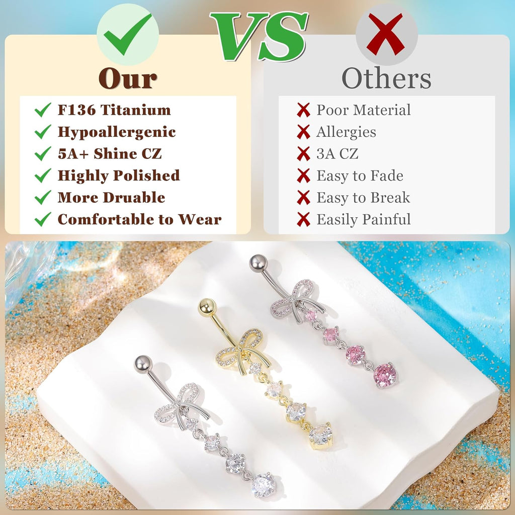 14G F136 Titanium Dangle Belly Button Ring for Women Dangling Navel Ring Hypoallergenic Belly Ring Externally Threaded Barbell CZ Bow Navel Piercing Jewelry - 我的商店我的商店我的商店