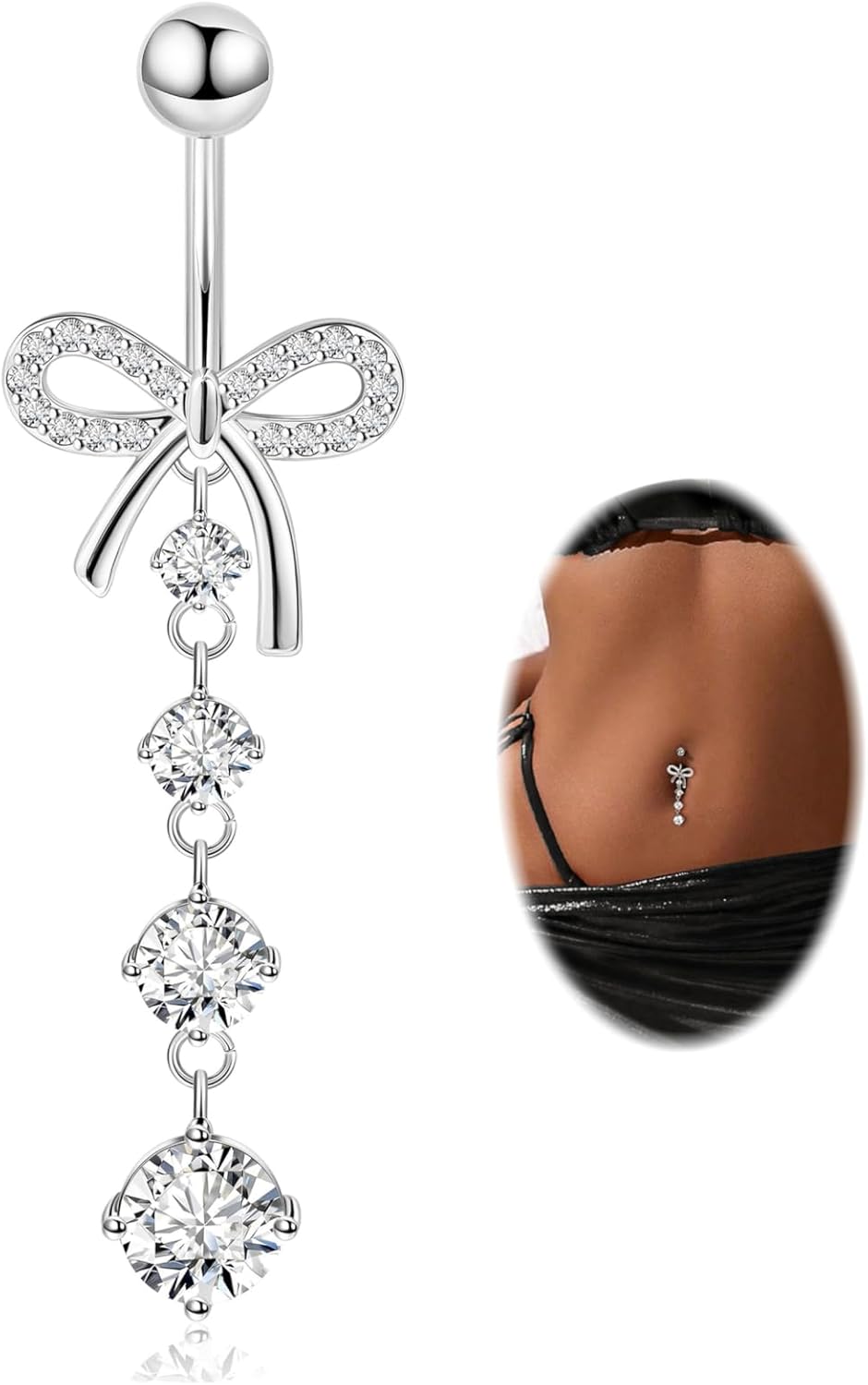 14G F136 Titanium Dangle Belly Button Ring for Women Dangling Navel Ring Hypoallergenic Belly Ring Externally Threaded Barbell CZ Bow Navel Piercing Jewelry - 我的商店我的商店我的商店