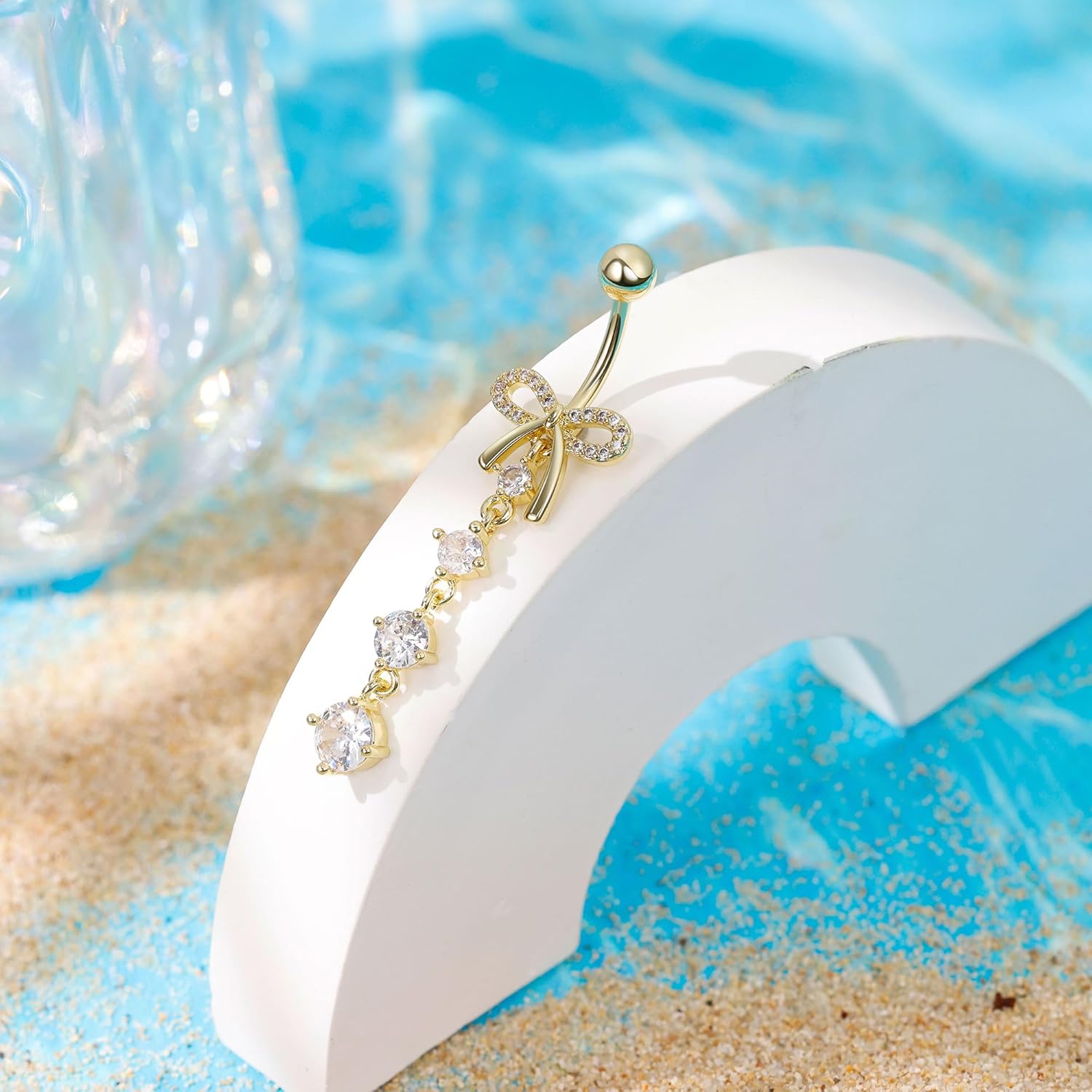 14G F136 Titanium Dangle Belly Button Ring for Women Dangling Navel Ring Hypoallergenic Belly Ring Externally Threaded Barbell CZ Bow Navel Piercing Jewelry - 我的商店我的商店我的商店