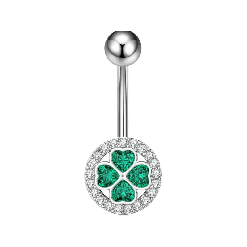 14G Four Leaf Clover Belly Button Rings for Women Stainless Steel Green CZ Halo Belly Navel Piercing Barbell Studs ST Patricks Day Irish Body Piercing Jewelry - QIAO Crystal我的商店QIAO Crystal