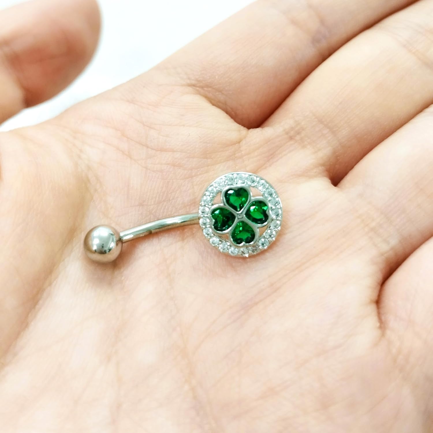 14G Four Leaf Clover Belly Button Rings for Women Stainless Steel Green CZ Halo Belly Navel Piercing Barbell Studs ST Patricks Day Irish Body Piercing Jewelry - 我的商店我的商店我的商店