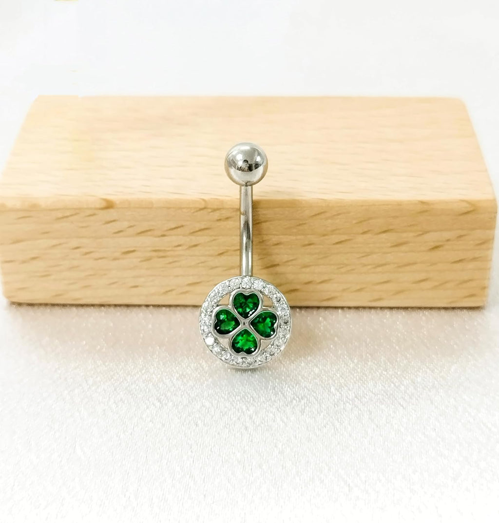 14G Four Leaf Clover Belly Button Rings for Women Stainless Steel Green CZ Halo Belly Navel Piercing Barbell Studs ST Patricks Day Irish Body Piercing Jewelry - 我的商店我的商店我的商店