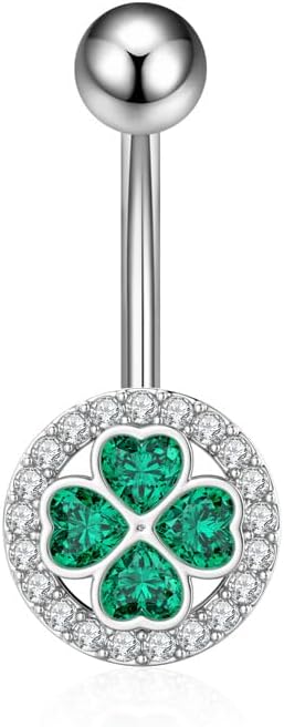 14G Four Leaf Clover Belly Button Rings for Women Stainless Steel Green CZ Halo Belly Navel Piercing Barbell Studs ST Patricks Day Irish Body Piercing Jewelry - 我的商店我的商店我的商店