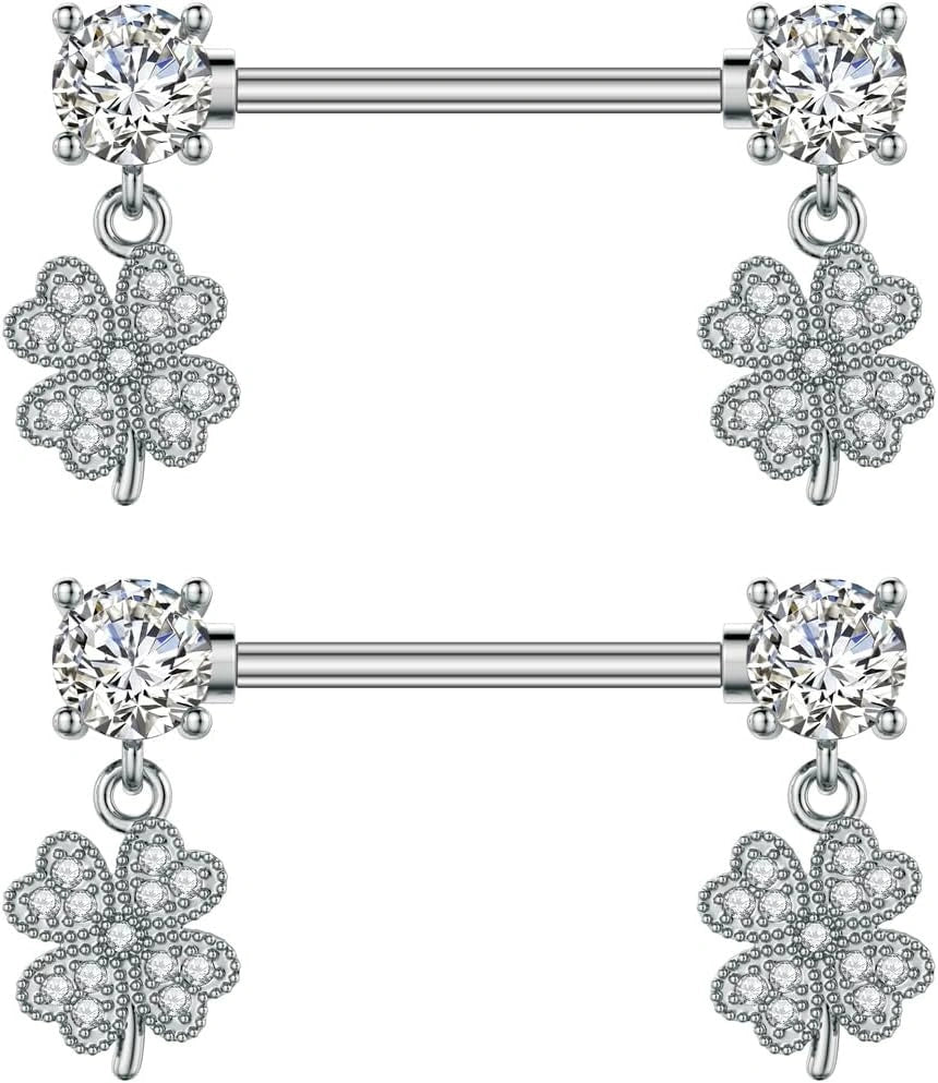 A pair of elegant 14G nipple barbells featuring sparkling cubic zirconia four-leaf clovers in vibrant clear, symbolizing luck and style