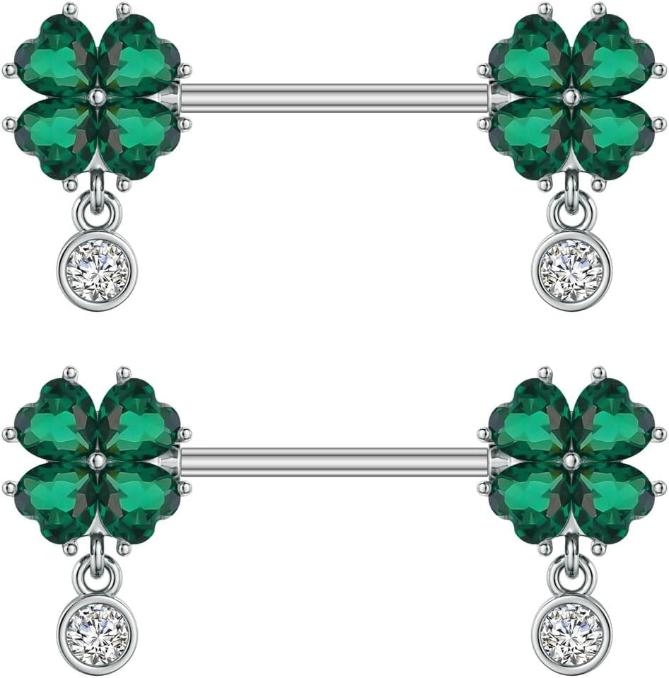 A pair of elegant 14G nipple barbells featuring sparkling cubic zirconia four-leaf clovers in vibrant green, symbolizing luck and style