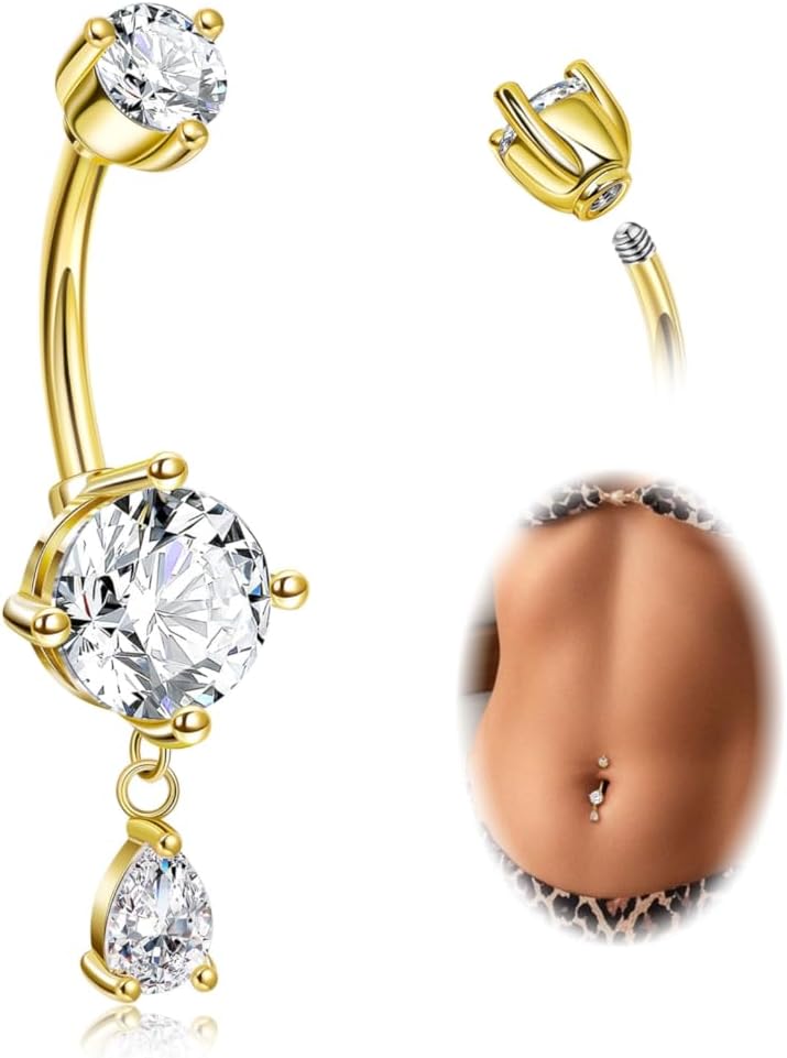14G G23 Titanium Dangle Belly Button Ring for Women Teardrop Navel Ring Hypoallergenic CZ Dangling Barbell Navel Piercing Jewelry 6 - 16MM - 我的商店我的商店我的商店