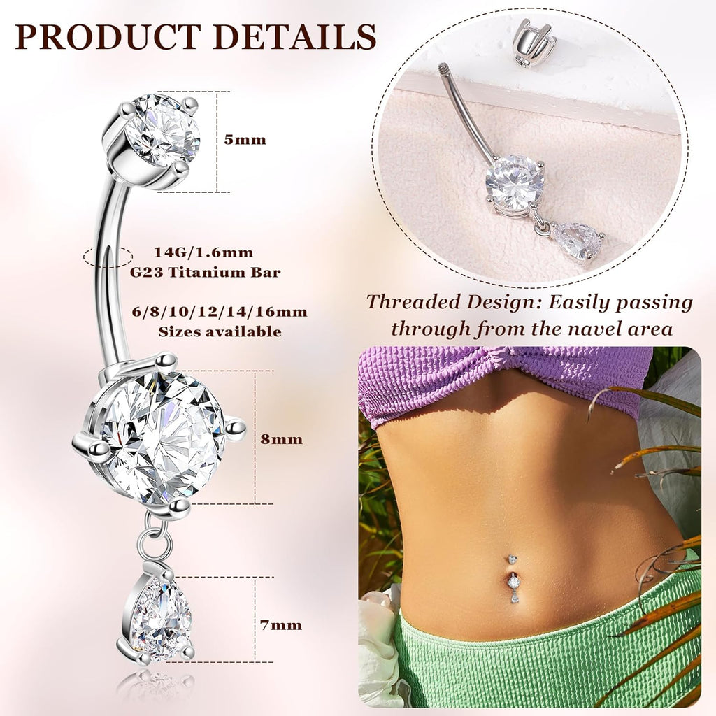 14G G23 Titanium Dangle Belly Button Ring for Women Teardrop Navel Ring Hypoallergenic CZ Dangling Barbell Navel Piercing Jewelry 6 - 16MM - 我的商店我的商店我的商店