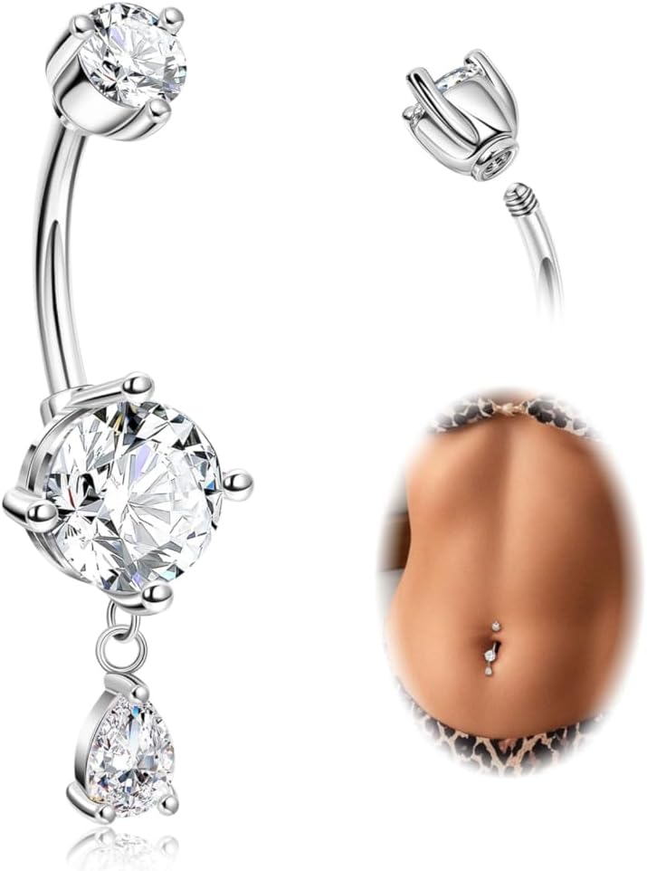 14G G23 Titanium Dangle Belly Button Ring for Women Teardrop Navel Ring Hypoallergenic CZ Dangling Barbell Navel Piercing Jewelry 6 - 16MM - 我的商店我的商店我的商店