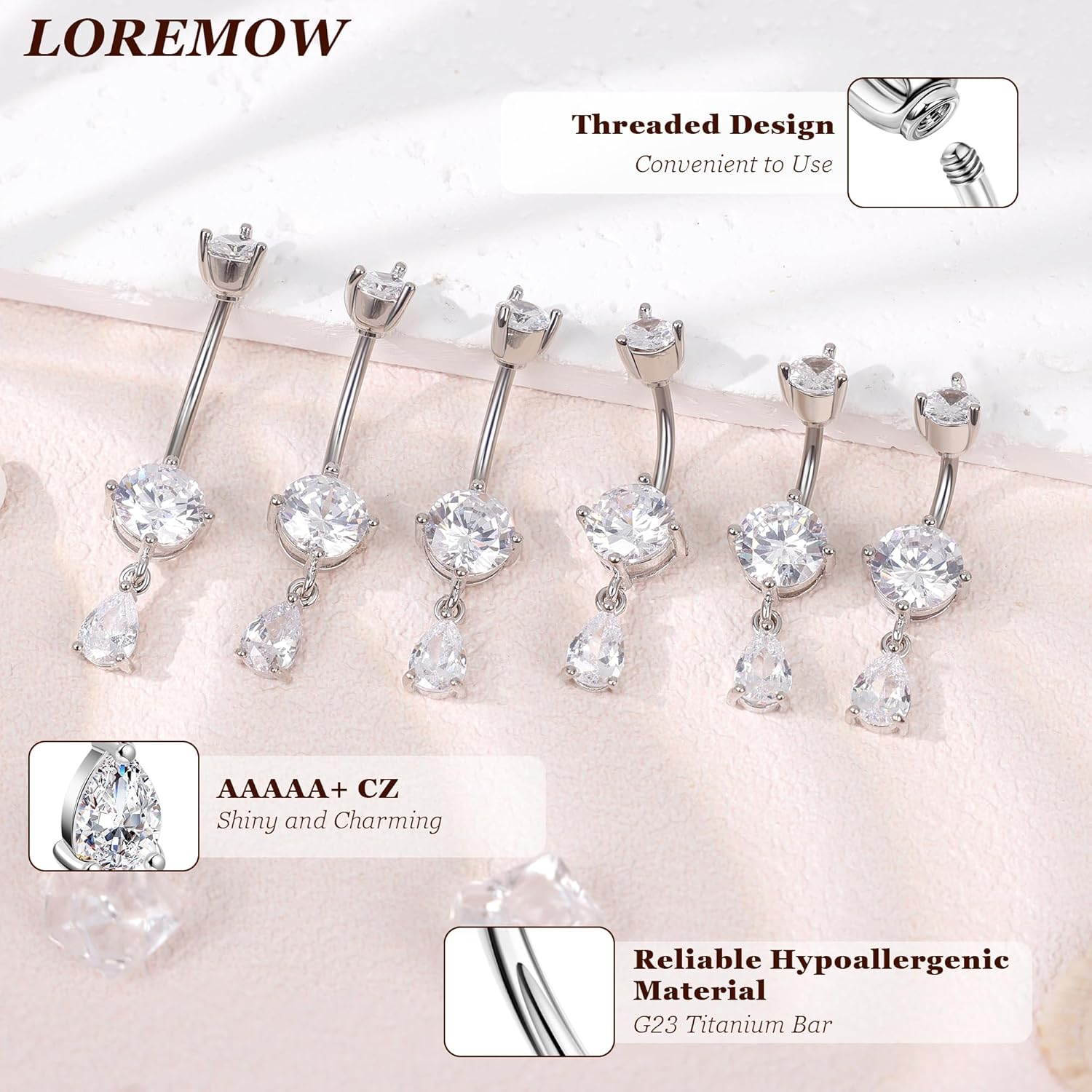 14G G23 Titanium Dangle Belly Button Ring for Women Teardrop Navel Ring Hypoallergenic CZ Dangling Barbell Navel Piercing Jewelry 6 - 16MM - 我的商店我的商店我的商店