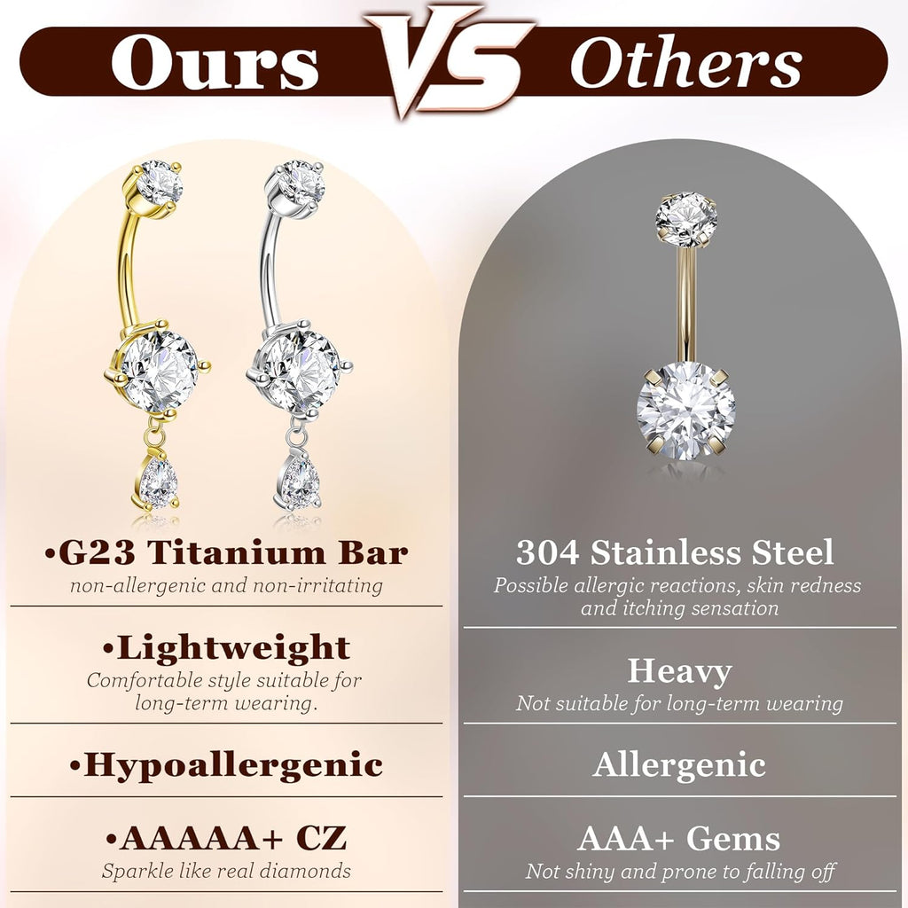 14G G23 Titanium Dangle Belly Button Ring for Women Teardrop Navel Ring Hypoallergenic CZ Dangling Barbell Navel Piercing Jewelry 6 - 16MM - 我的商店我的商店我的商店