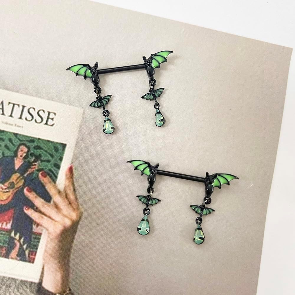 14G Green Bat Dangle Nipple Rings for Women 316L Stainless Steel Glow - In - The - Dark Nipplerings Nipple Studs Barbell Halloween Statement Nipple Piercing Jewelry - QIAO CrystalQIAO CrystalQIAO Crystal