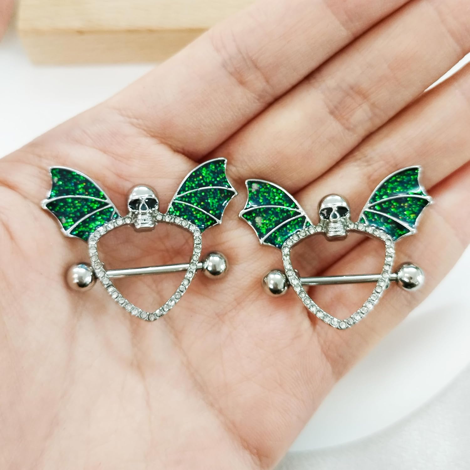 14G Green Bat Skull Nipple Rings for Women Surgical Stainless Steel Skeleton Nipplerings Nipple Studs Barbells Halloween Body Piercing Jewelry - QIAO CrystalQIAO CrystalQIAO Crystal
