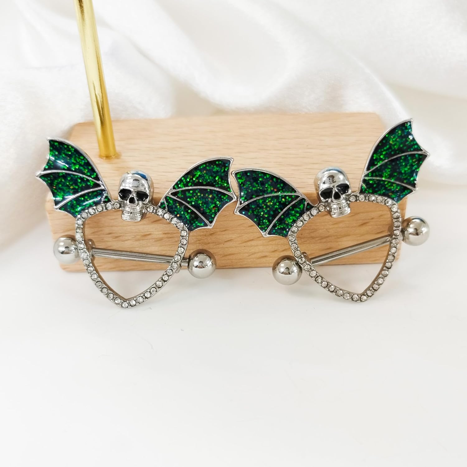 14G Green Bat Skull Nipple Rings for Women Surgical Stainless Steel Skeleton Nipplerings Nipple Studs Barbells Halloween Body Piercing Jewelry - QIAO CrystalQIAO CrystalQIAO Crystal