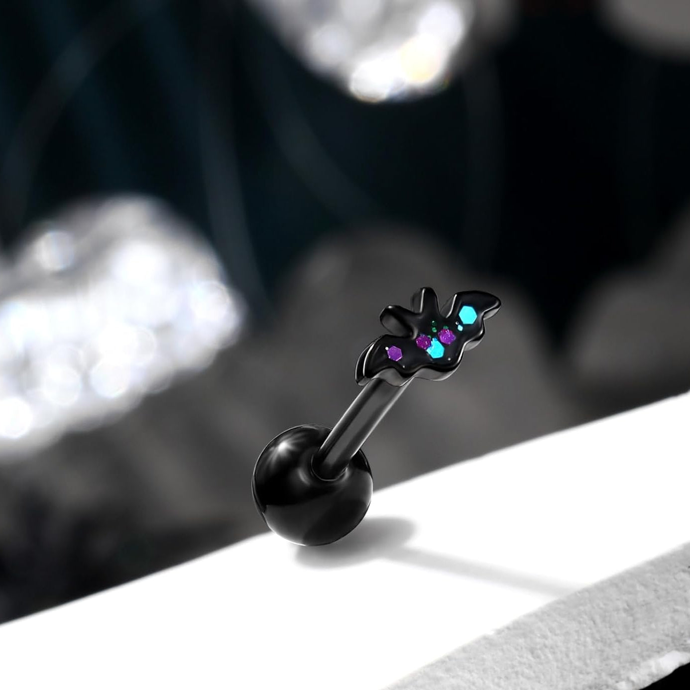 14G Halloween Bat Spider Tongue Bar - 316L Stainless Steel, Internally Threaded Black Tongue Piercing Jewelry - QIAO CrystalQIAO CrystalQIAO Crystal