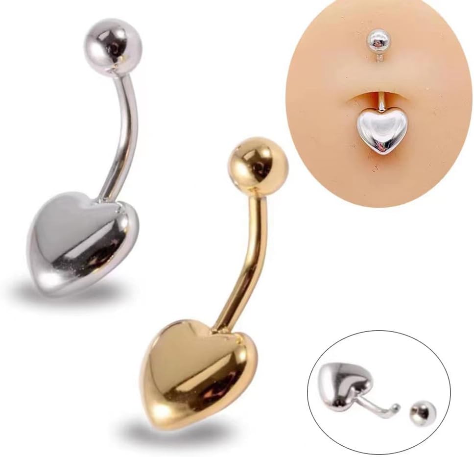 14G Heart Belly Button Ring for Women Surgical Steel Curved Bar Barbell Belly Navel Piercing Studs Minimalist Body Piercing Jewelry - 我的商店我的商店我的商店