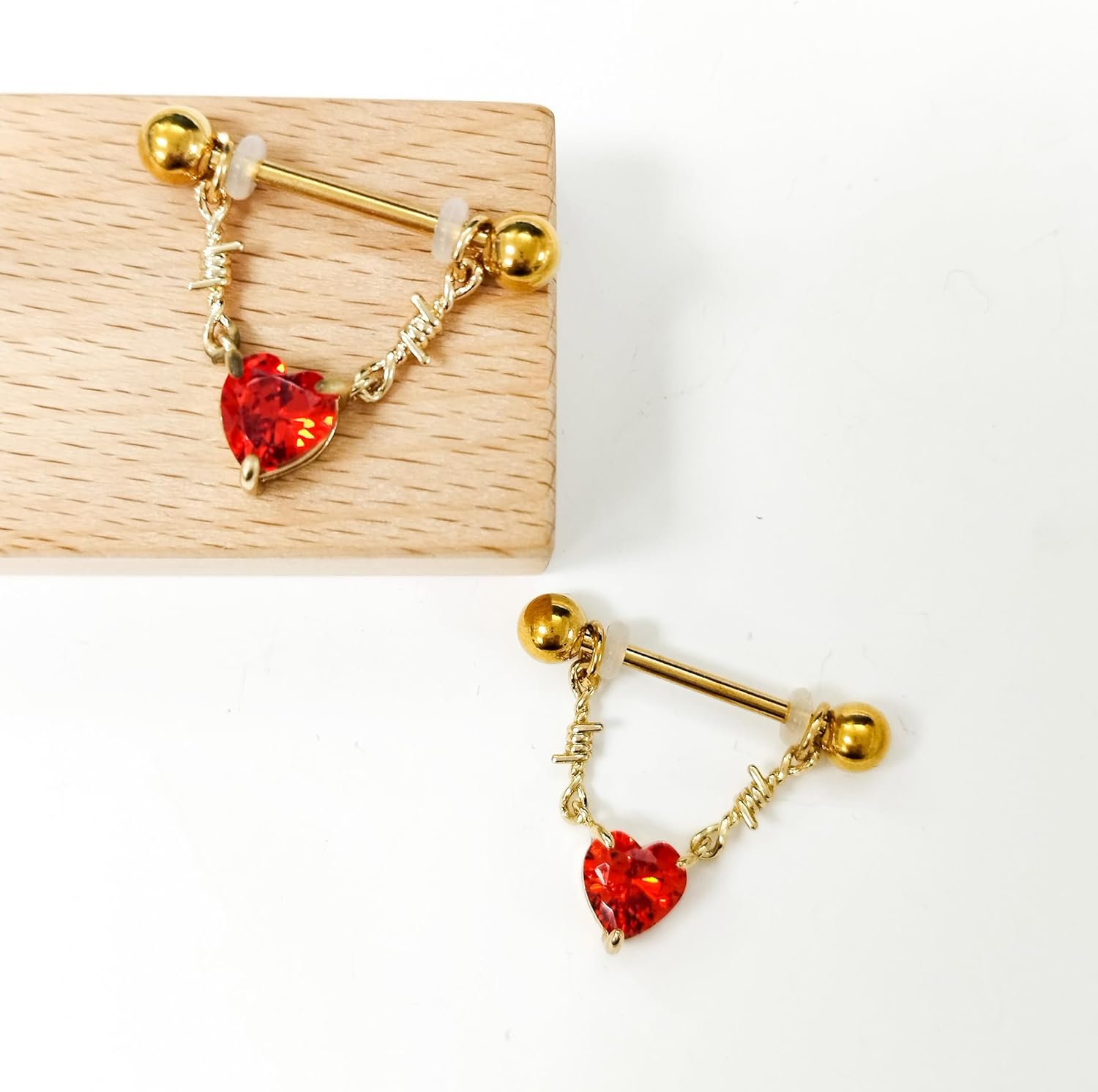 14G Heart Dangle Nipple Rings for Women Stainless Steel Gold Plated Red CZ Dangle Nipplerings Nipple Stud Barbell Body Piercing Jewelry - QIAO CrystalQIAO CrystalQIAO Crystal
