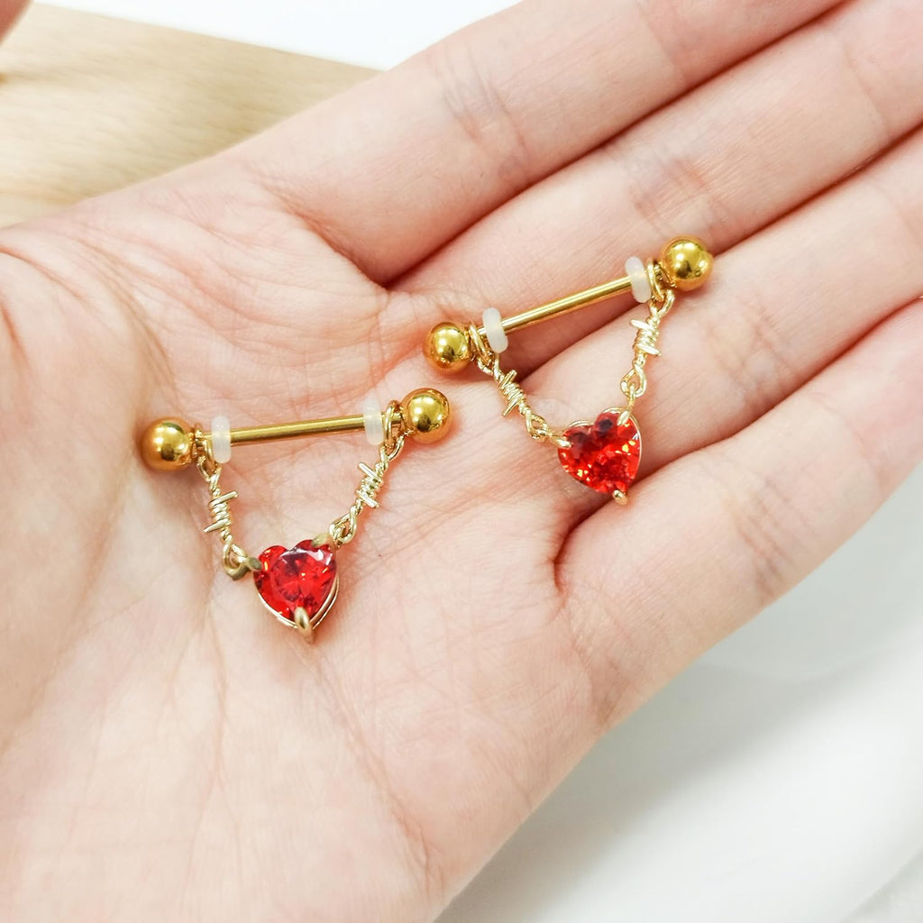 14G Heart Dangle Nipple Rings for Women Stainless Steel Gold Plated Red CZ Dangle Nipplerings Nipple Stud Barbell Body Piercing Jewelry - QIAO CrystalQIAO CrystalQIAO Crystal