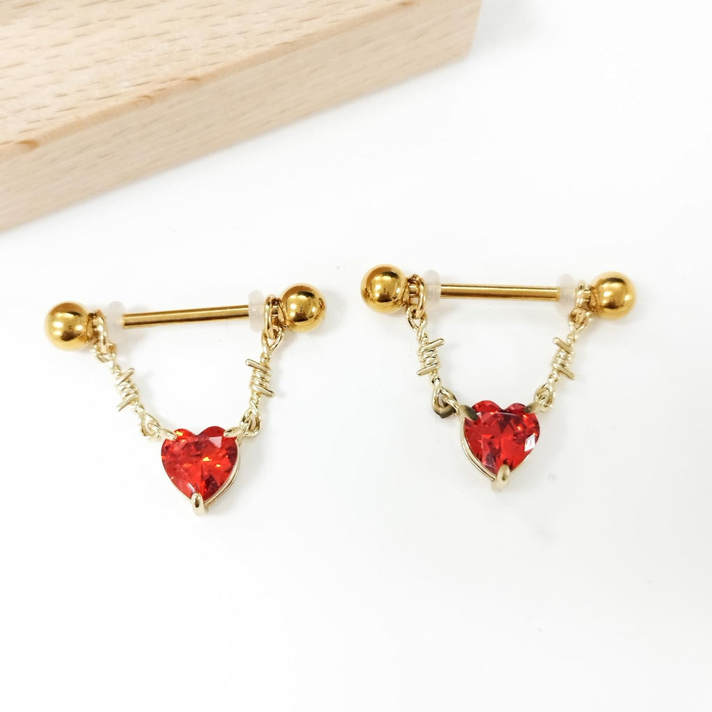 14G Heart Dangle Nipple Rings for Women Stainless Steel Gold Plated Red CZ Dangle Nipplerings Nipple Stud Barbell Body Piercing Jewelry - QIAO CrystalQIAO CrystalQIAO Crystal