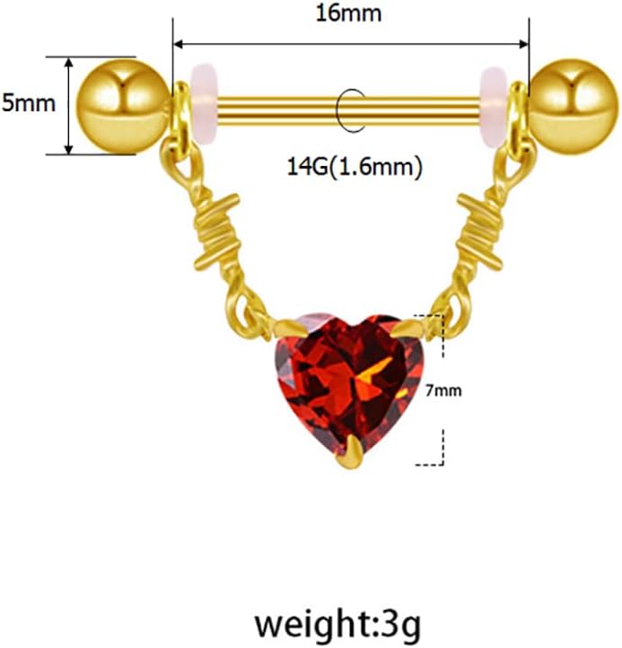 14G Heart Dangle Nipple Rings for Women Stainless Steel Gold Plated Red CZ Dangle Nipplerings Nipple Stud Barbell Body Piercing Jewelry - QIAO CrystalQIAO CrystalQIAO Crystal