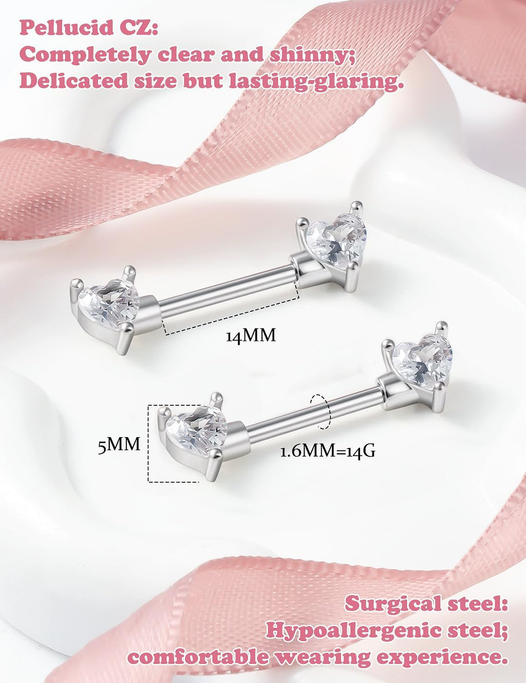 14G Heart Nipple Piercing Jewelry Surgical Steel & F136 ASTM titanium heart shaped nipple rings - QIAO CrystalQIAO CrystalQIAO Crystal