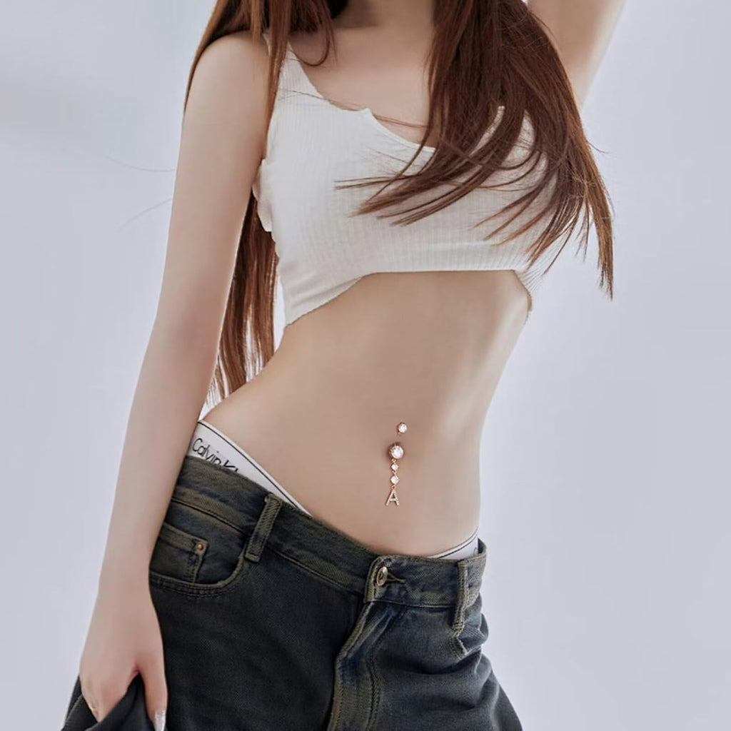 14G Initial Belly Button Rings for Women, 14K Gold Plated Round CZ Letter A - Z Initial Pendant Belly Rings Dangle Navel Barbell Body Piercing Belly Button Rings for Women Body Jewelry - 我的商店我的商店我的商店