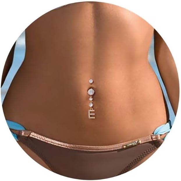 14G Initial Belly Button Rings for Women, 14K Gold Plated Round CZ Letter A - Z Initial Pendant Belly Rings Dangle Navel Barbell Body Piercing Belly Button Rings for Women Body Jewelry - 我的商店我的商店我的商店