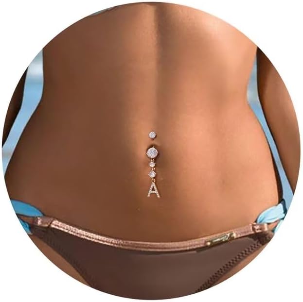 14G Initial Belly Button Rings for Women, 14K Gold Plated Round CZ Letter A - Z Initial Pendant Belly Rings Dangle Navel Barbell Body Piercing Belly Button Rings for Women Body Jewelry - 我的商店我的商店我的商店