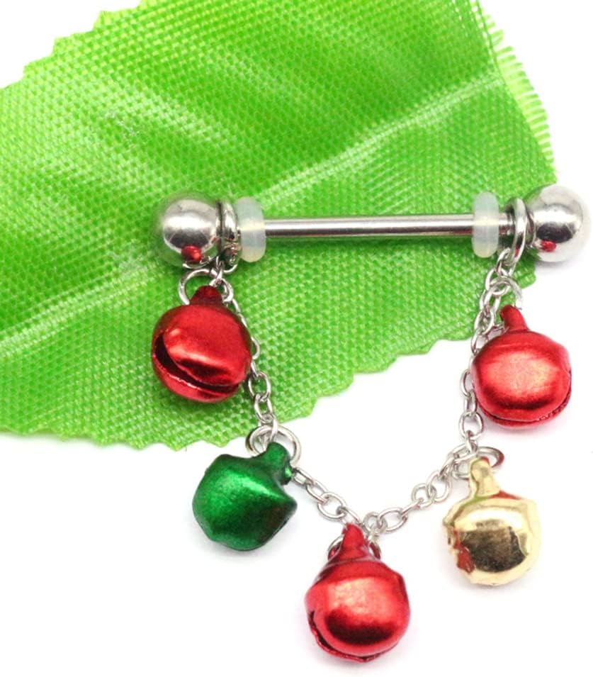 14G Jingle Bell Dangle Nipple Rings Stainless Steel Hoop Earrings Nipple Tongue Ring Barbell Piercing Red Green Ball Bead Christmas Nipple Piercing Jewelry for Women - 我的商店我的商店我的商店