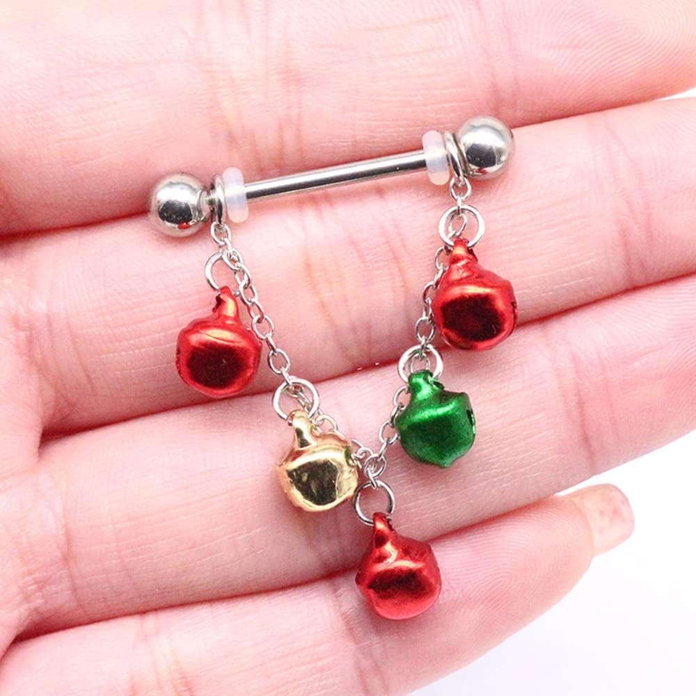 14G Jingle Bell Dangle Nipple Rings Stainless Steel Hoop Earrings Nipple Tongue Ring Barbell Piercing Red Green Ball Bead Christmas Nipple Piercing Jewelry for Women - 我的商店我的商店我的商店