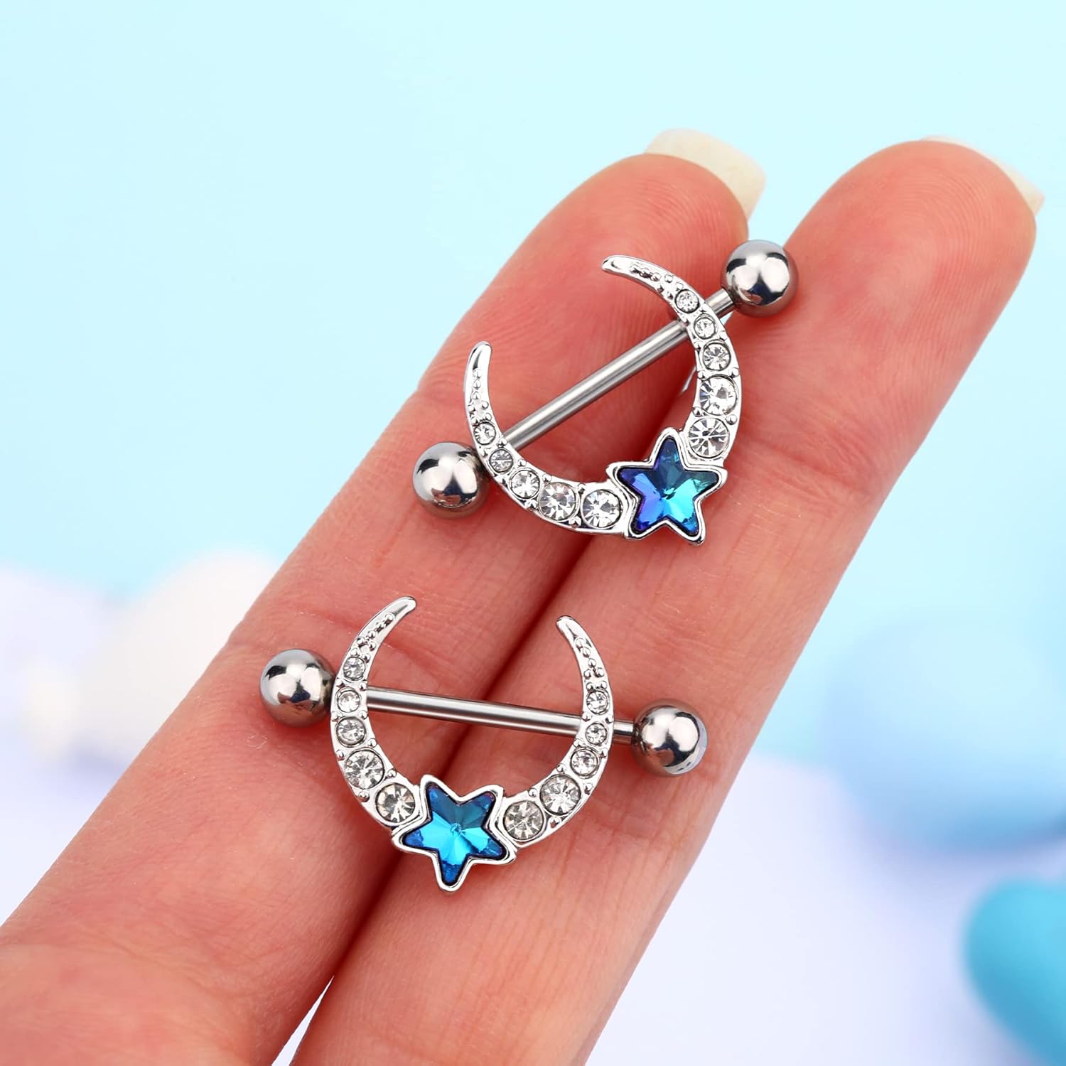  14G Nipple Piercing Jewelry, 316L Surgical Steel Barbell with Clear CZ Moon Blue Star, Unisex Piercing Jewelry for Women and Men - QIAO CrystalQIAO CrystalQIAO Crystal