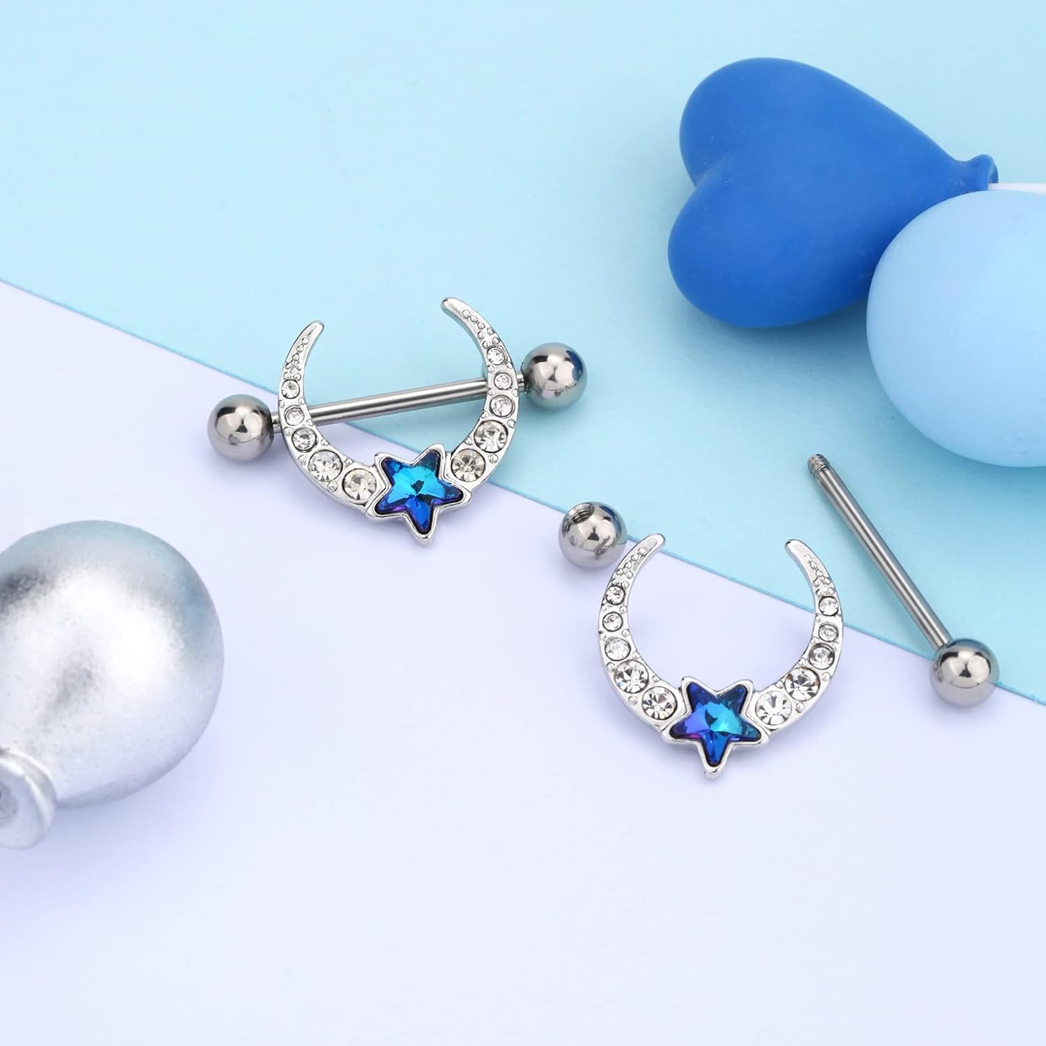 14G Nipple Piercing Jewelry, 316L Surgical Steel Barbell with Clear CZ Moon Blue Star, Unisex Piercing Jewelry for Women and Men - QIAO CrystalQIAO CrystalQIAO Crystal
