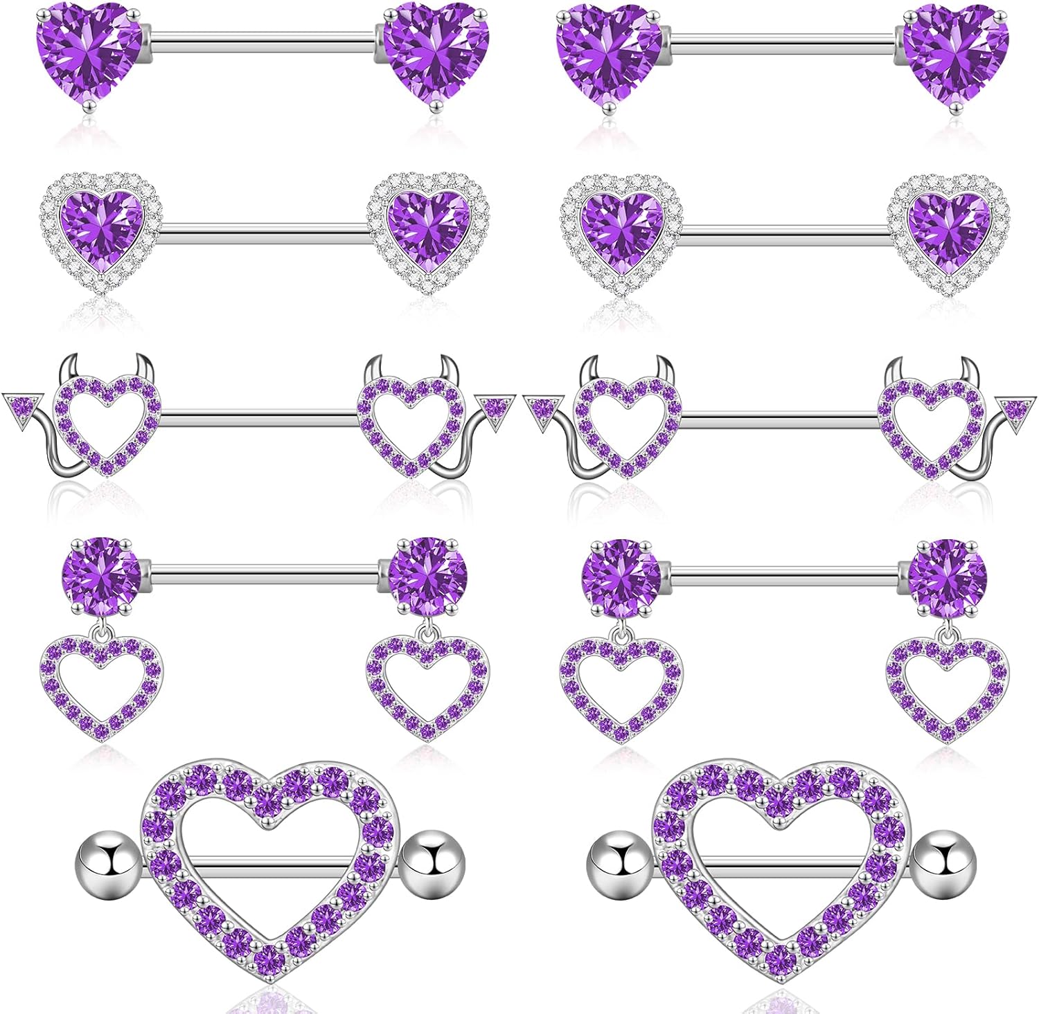 14G Nipple Rings 5 - 8 Pairs Stainless Steel Nipple Niercing Jewelry Heart Dangle Barbell Tongue Rings Set Cute Pink CZ Nipple Jewelry - 我的商店我的商店我的商店
