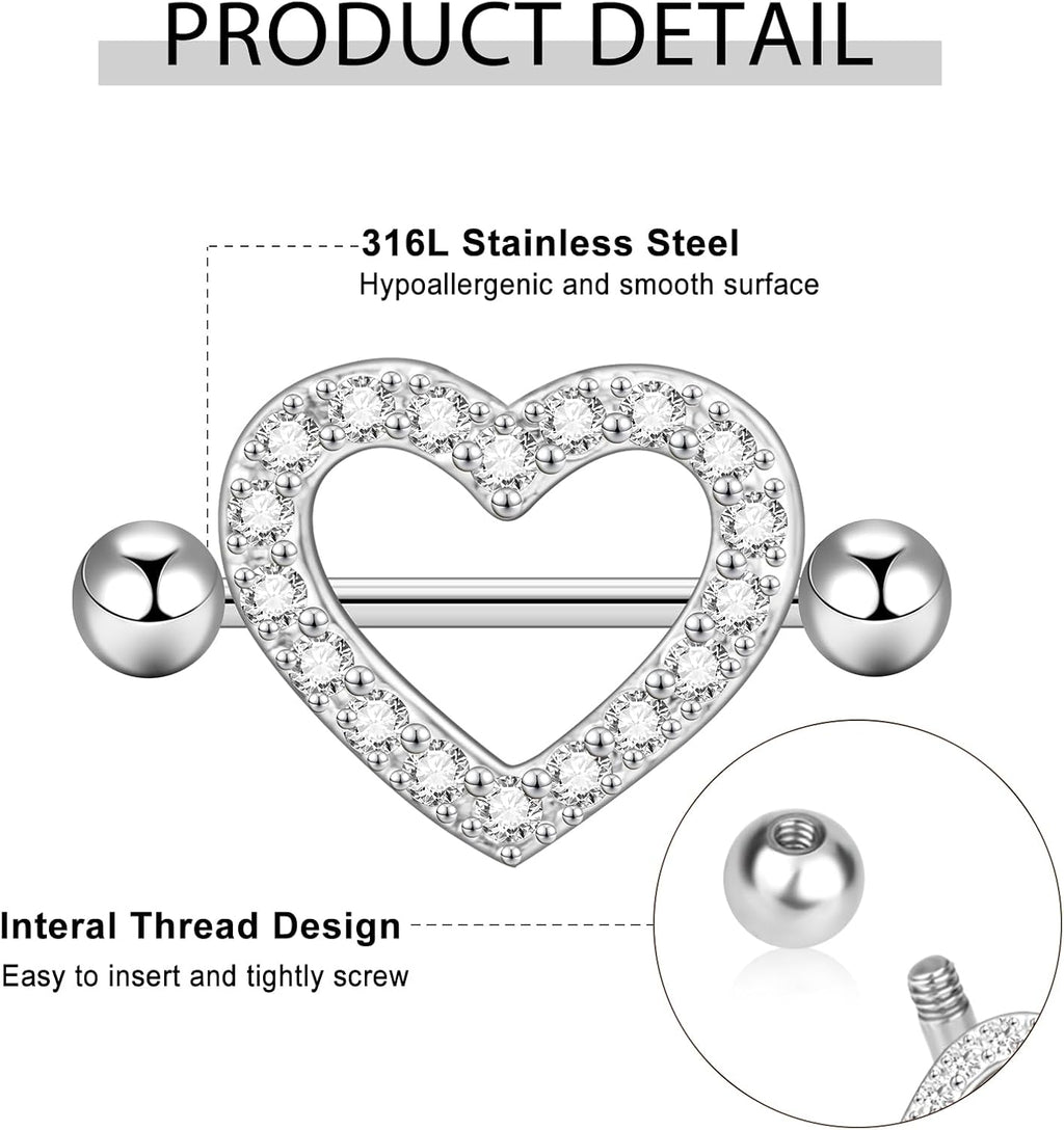 14G Nipple Rings 5 - 8 Pairs Stainless Steel Nipple Niercing Jewelry Heart Dangle Barbell Tongue Rings Set Cute Pink CZ Nipple Jewelry - 我的商店我的商店我的商店