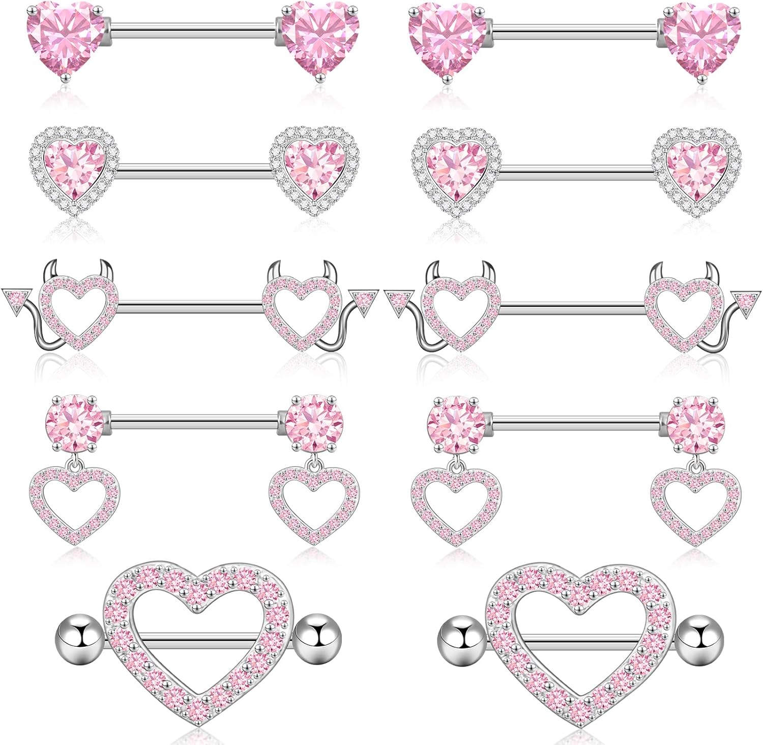 14G Nipple Rings 5 - 8 Pairs Stainless Steel Nipple Niercing Jewelry Heart Dangle Barbell Tongue Rings Set Cute Pink CZ Nipple Jewelry - 我的商店我的商店我的商店