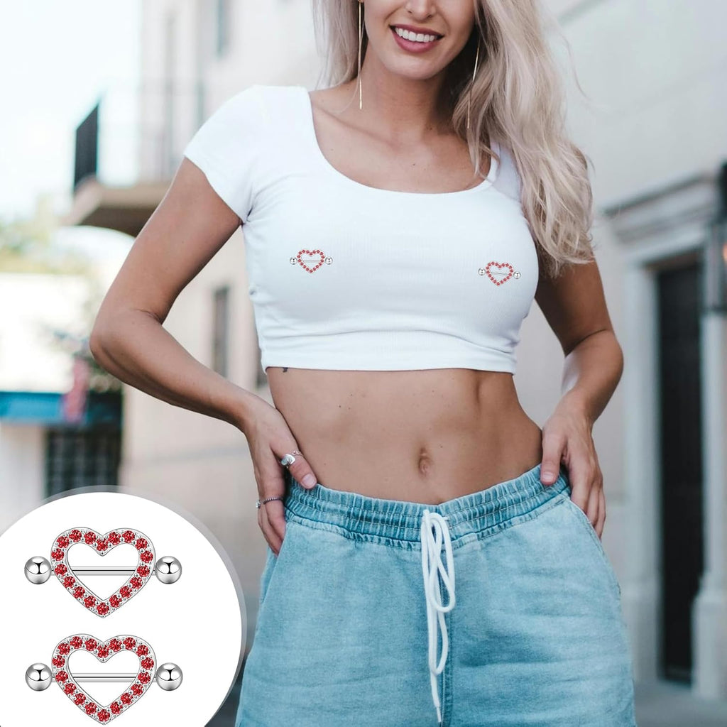 14G Nipple Rings 5 - 8 Pairs Stainless Steel Nipple Niercing Jewelry Heart Dangle Barbell Tongue Rings Set Cute Pink CZ Nipple Jewelry - QIAO CrystalQIAO CrystalQIAO Crystal