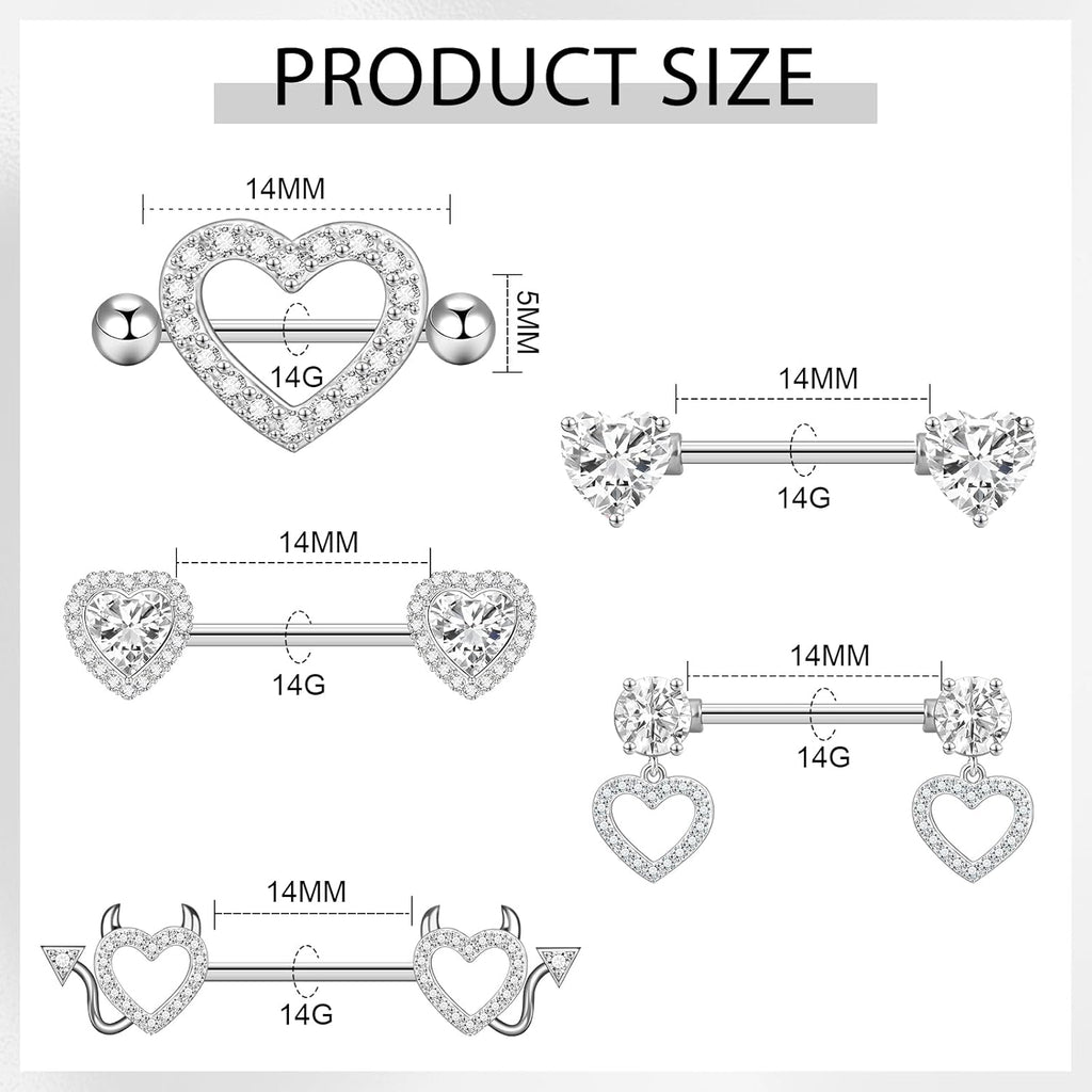 14G Nipple Rings 5 - 8 Pairs Stainless Steel Nipple Niercing Jewelry Heart Dangle Barbell Tongue Rings Set Cute Pink CZ Nipple Jewelry - 我的商店我的商店我的商店