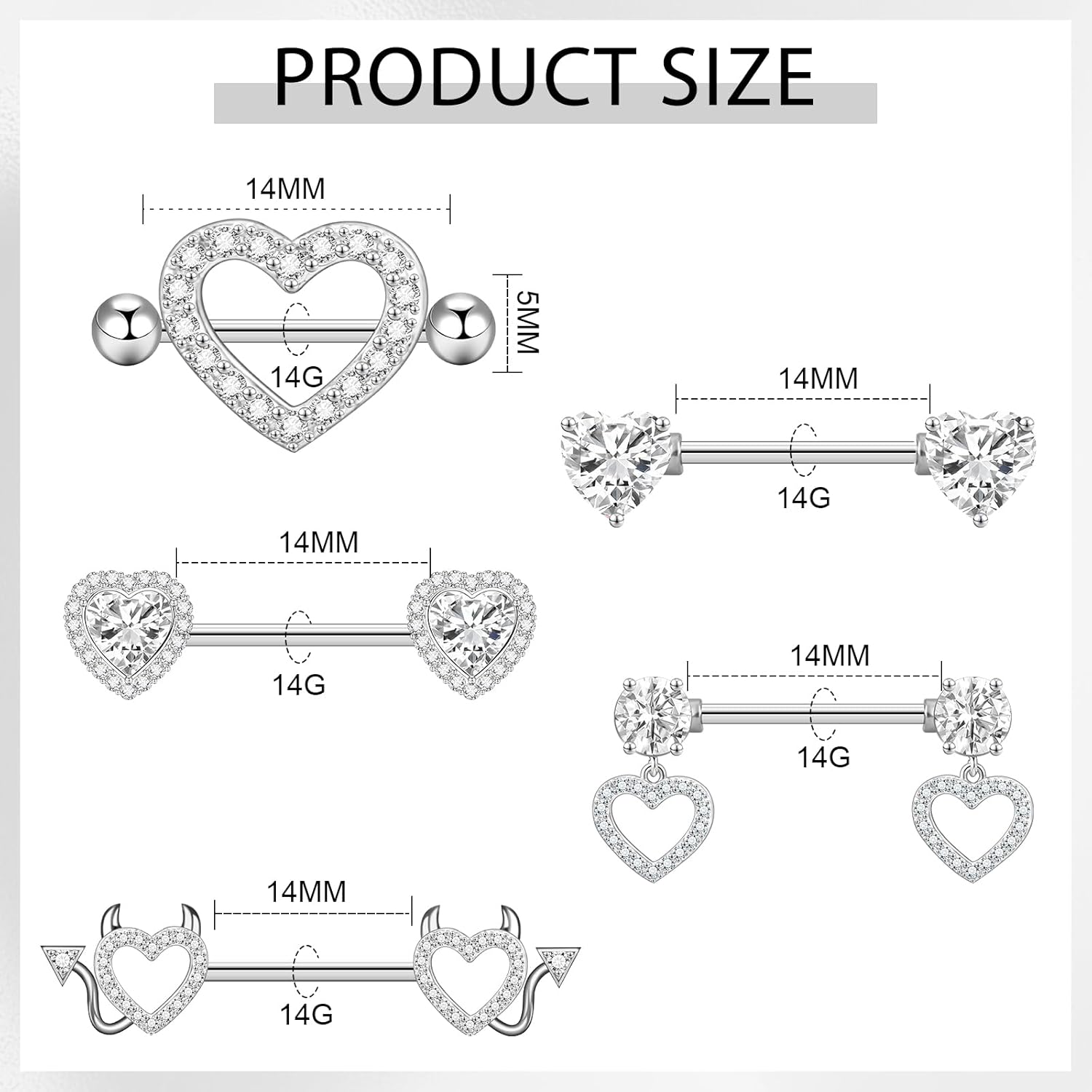 14G Nipple Rings 5 - 8 Pairs Stainless Steel Nipple Niercing Jewelry Heart Dangle Barbell Tongue Rings Set Cute Pink CZ Nipple Jewelry - 我的商店我的商店我的商店