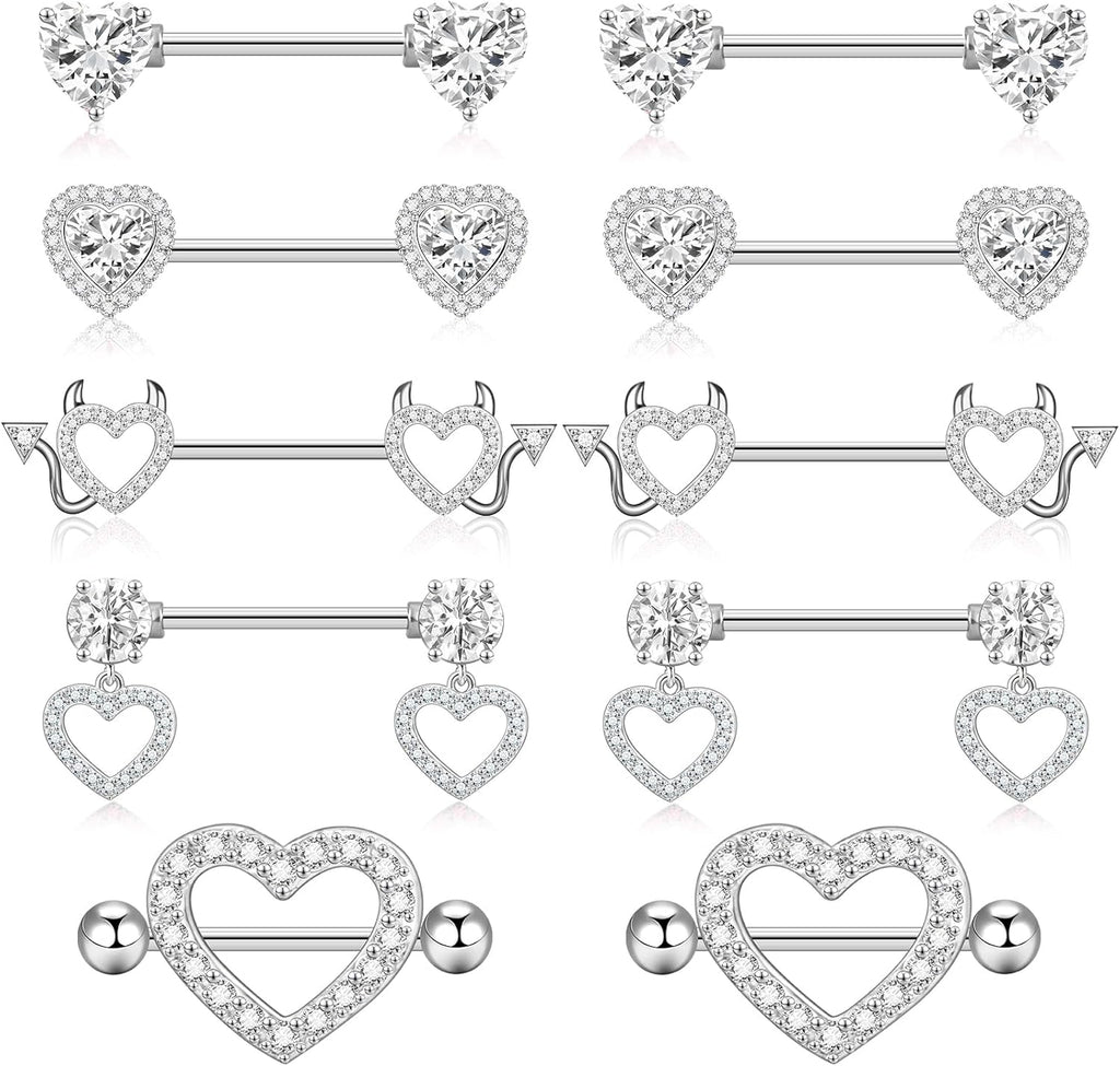 14G Nipple Rings 5 - 8 Pairs Stainless Steel Nipple Niercing Jewelry Heart Dangle Barbell Tongue Rings Set Cute Pink CZ Nipple Jewelry - 我的商店我的商店我的商店