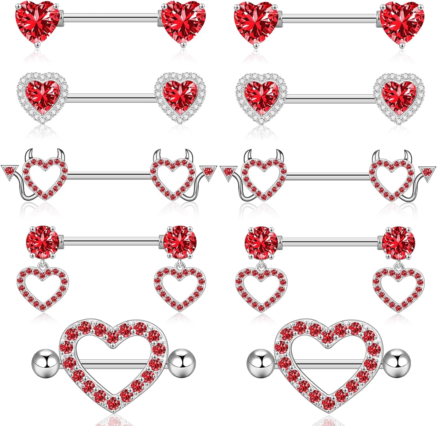 14G Nipple Rings 5 - 8 Pairs Stainless Steel Nipple Niercing Jewelry Heart Dangle Barbell Tongue Rings Set Cute Pink CZ Nipple Jewelry - 我的商店我的商店我的商店