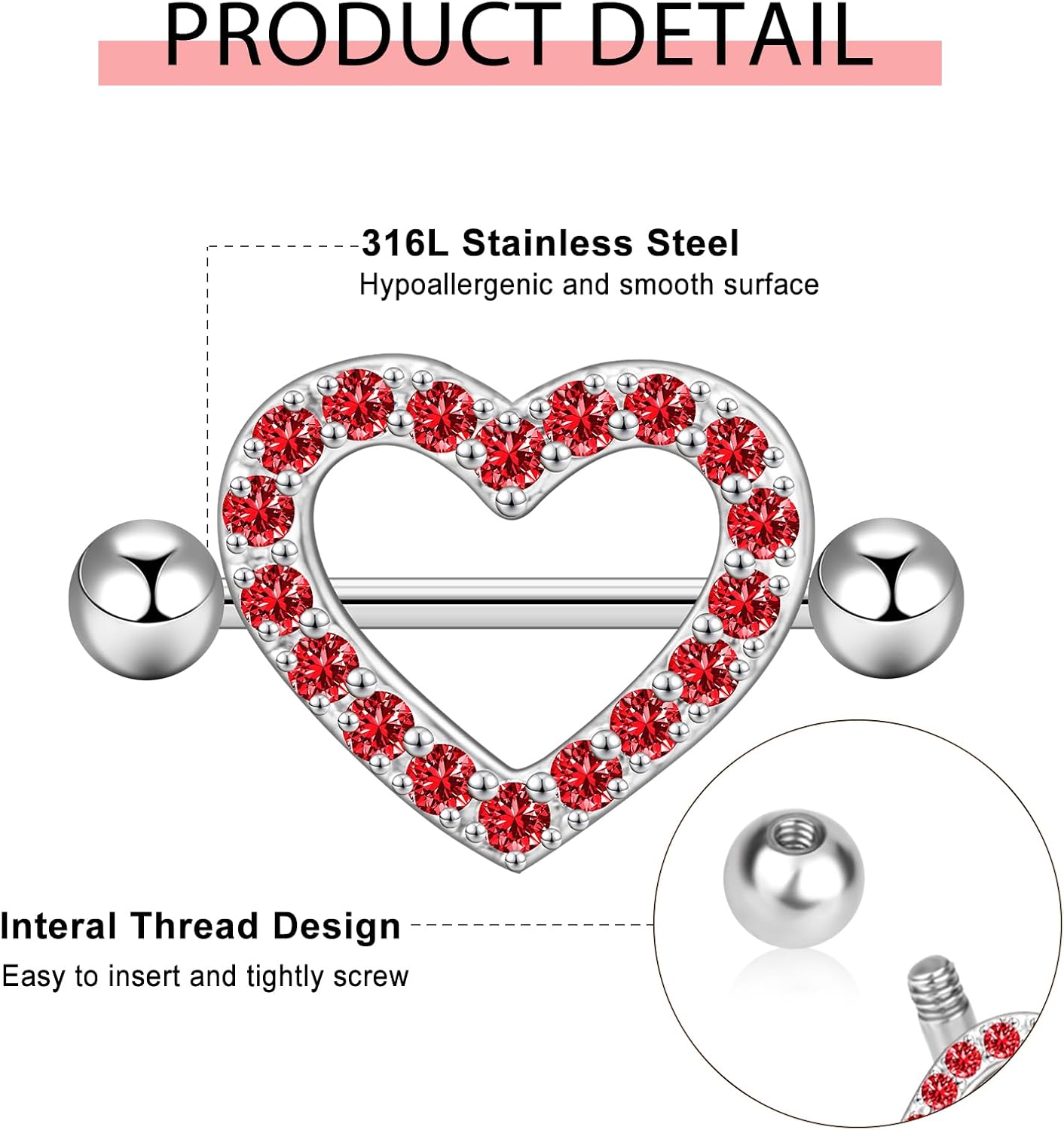 14G Nipple Rings 5 - 8 Pairs Stainless Steel Nipple Niercing Jewelry Heart Dangle Barbell Tongue Rings Set Cute Pink CZ Nipple Jewelry - QIAO CrystalQIAO CrystalQIAO Crystal