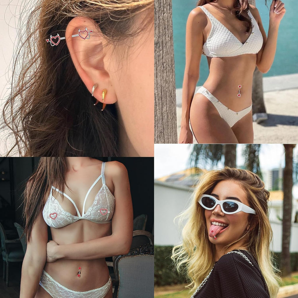 14G Nipple Rings 5 - 8 Pairs Stainless Steel Nipple Niercing Jewelry Heart Dangle Barbell Tongue Rings Set Cute Pink CZ Nipple Jewelry - QIAO CrystalQIAO CrystalQIAO Crystal