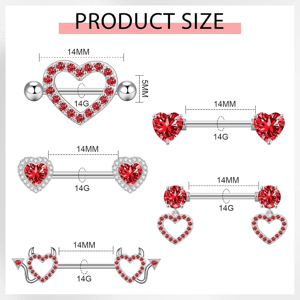 14G Nipple Rings 5 - 8 Pairs Stainless Steel Nipple Niercing Jewelry Heart Dangle Barbell Tongue Rings Set Cute Pink CZ Nipple Jewelry - QIAO CrystalQIAO CrystalQIAO Crystal