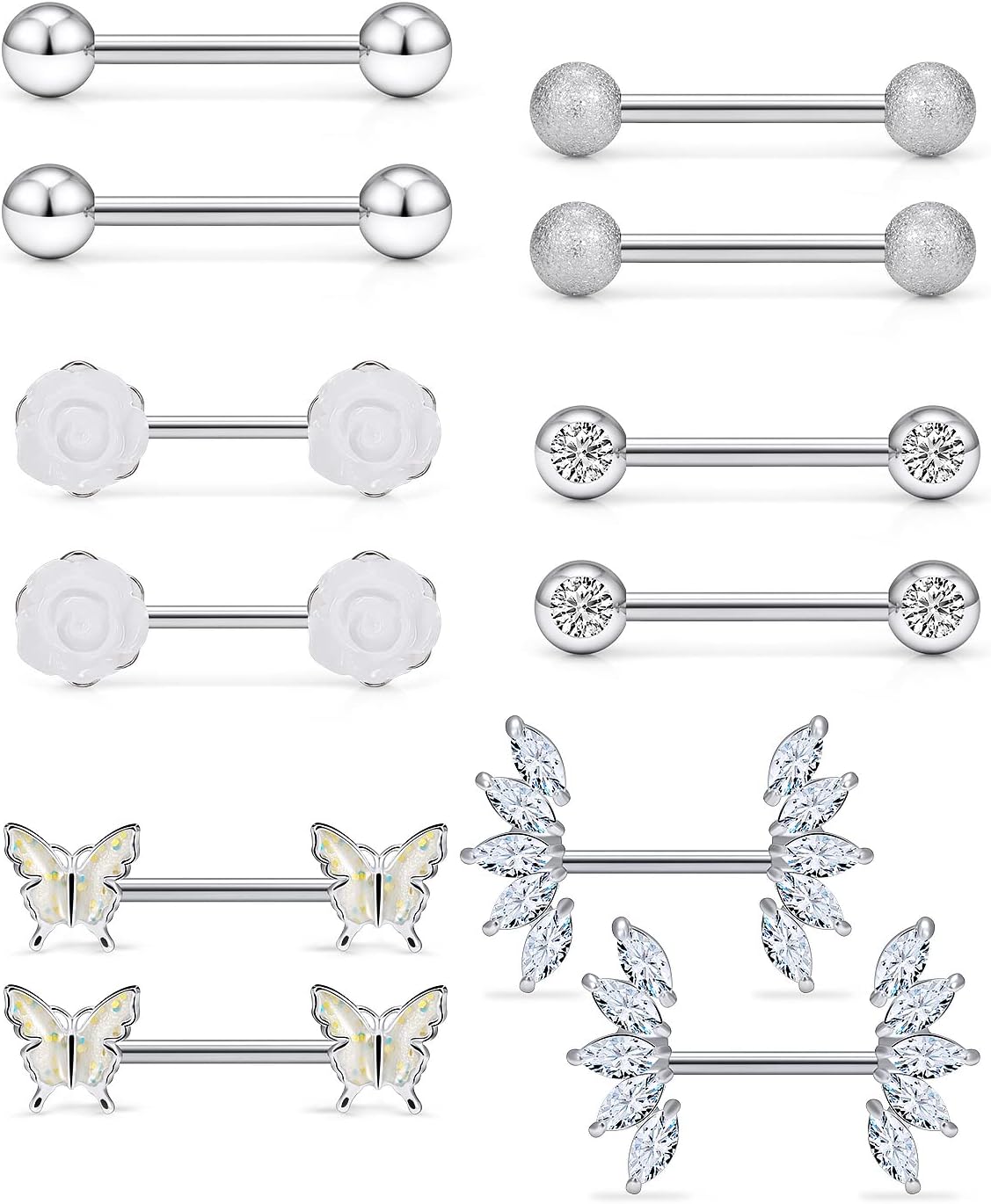 14G Nipple Rings Butterfly & Flower Piercing Jewelry - Surgical Steel, Cubic Zirconia, Silver, Black, Rainbow, Rose Gold - QIAO CrystalQIAO CrystalQIAO Crystal