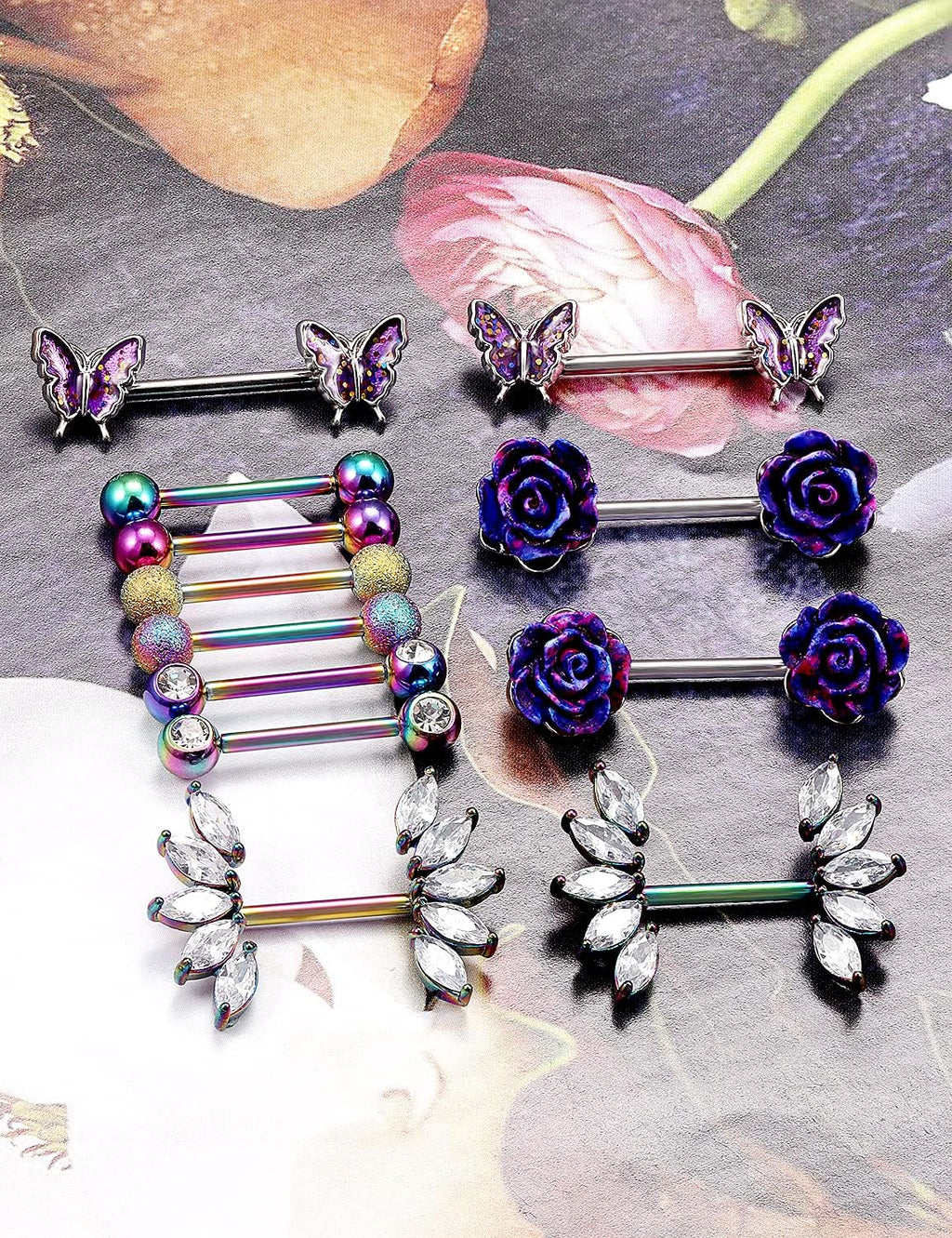 14G Nipple Rings Butterfly & Flower Piercing Jewelry - Surgical Steel, Cubic Zirconia, Silver, Black, Rainbow, Rose Gold - QIAO CrystalQIAO CrystalQIAO Crystal
