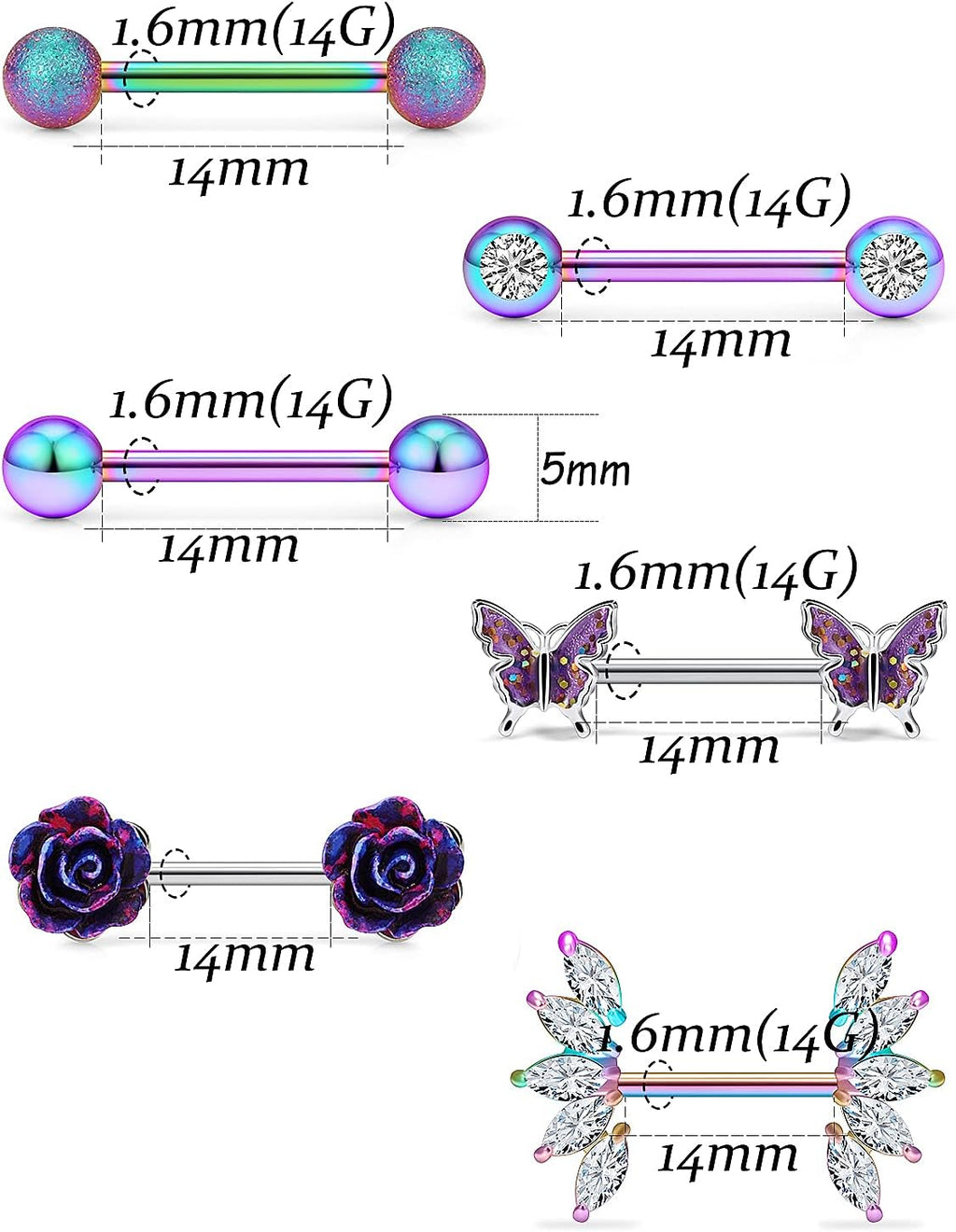 14G Nipple Rings Butterfly & Flower Piercing Jewelry - Surgical Steel, Cubic Zirconia, Silver, Black, Rainbow, Rose Gold - QIAO CrystalQIAO CrystalQIAO Crystal