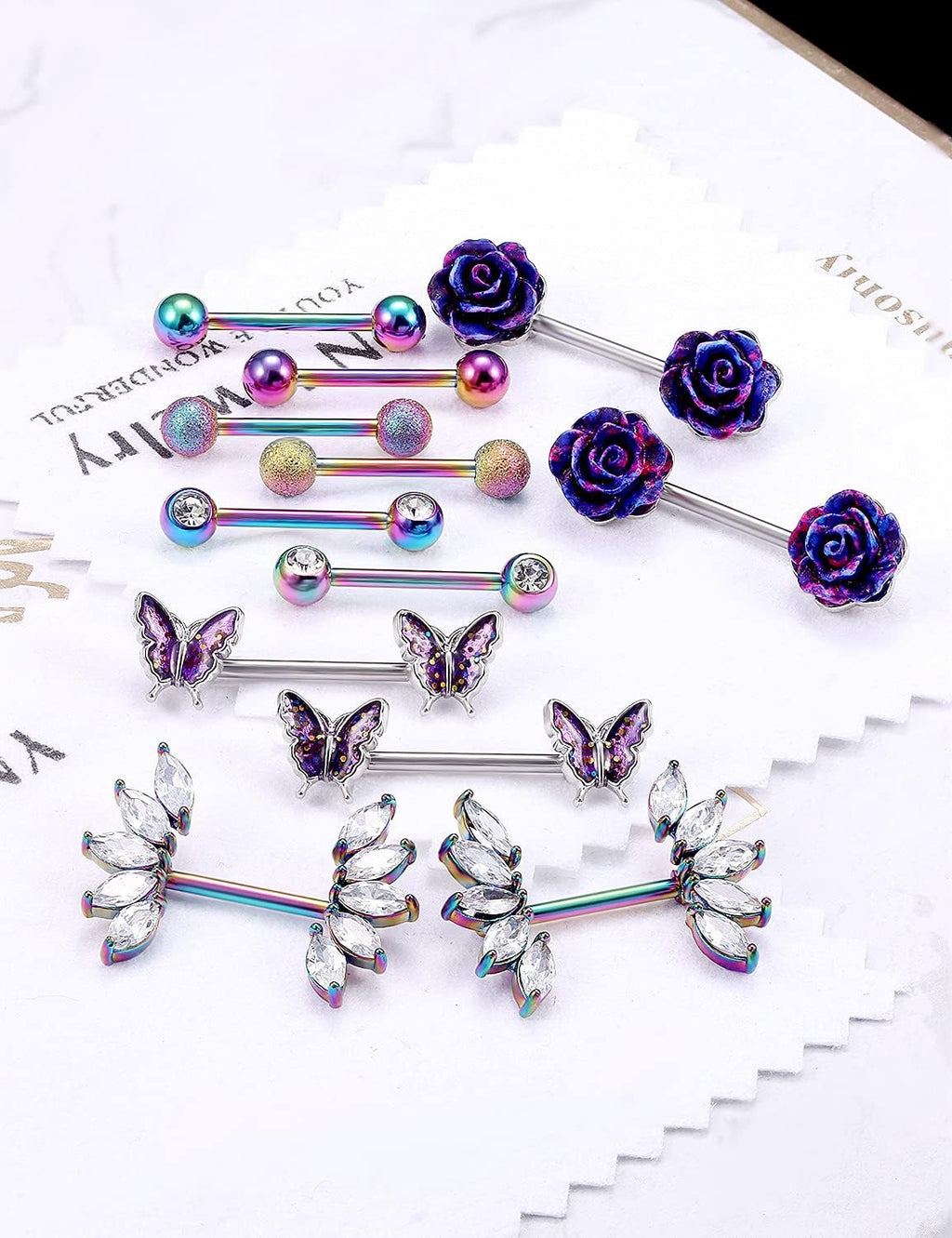 14G Nipple Rings Butterfly & Flower Piercing Jewelry - Surgical Steel, Cubic Zirconia, Silver, Black, Rainbow, Rose Gold - QIAO CrystalQIAO CrystalQIAO Crystal