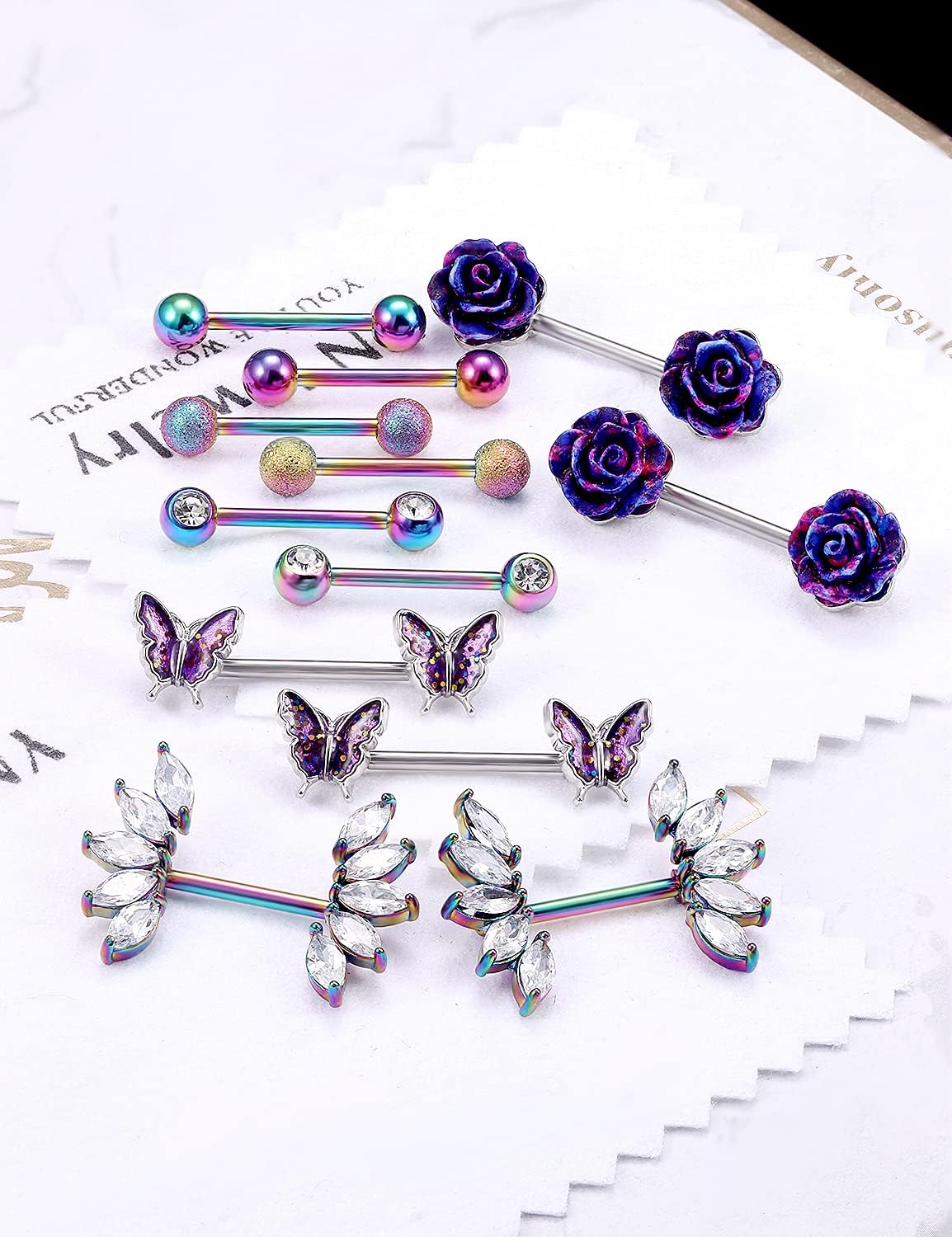 14G Nipple Rings Butterfly & Flower Piercing Jewelry - Surgical Steel, Cubic Zirconia, Silver, Black, Rainbow, Rose Gold - QIAO CrystalQIAO CrystalQIAO Crystal