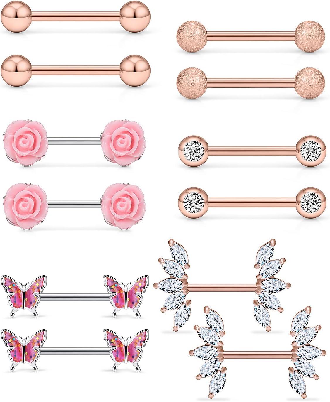 14G Nipple Rings Butterfly & Flower Piercing Jewelry - Surgical Steel, Cubic Zirconia, Silver, Black, Rainbow, Rose Gold - QIAO CrystalQIAO CrystalQIAO Crystal